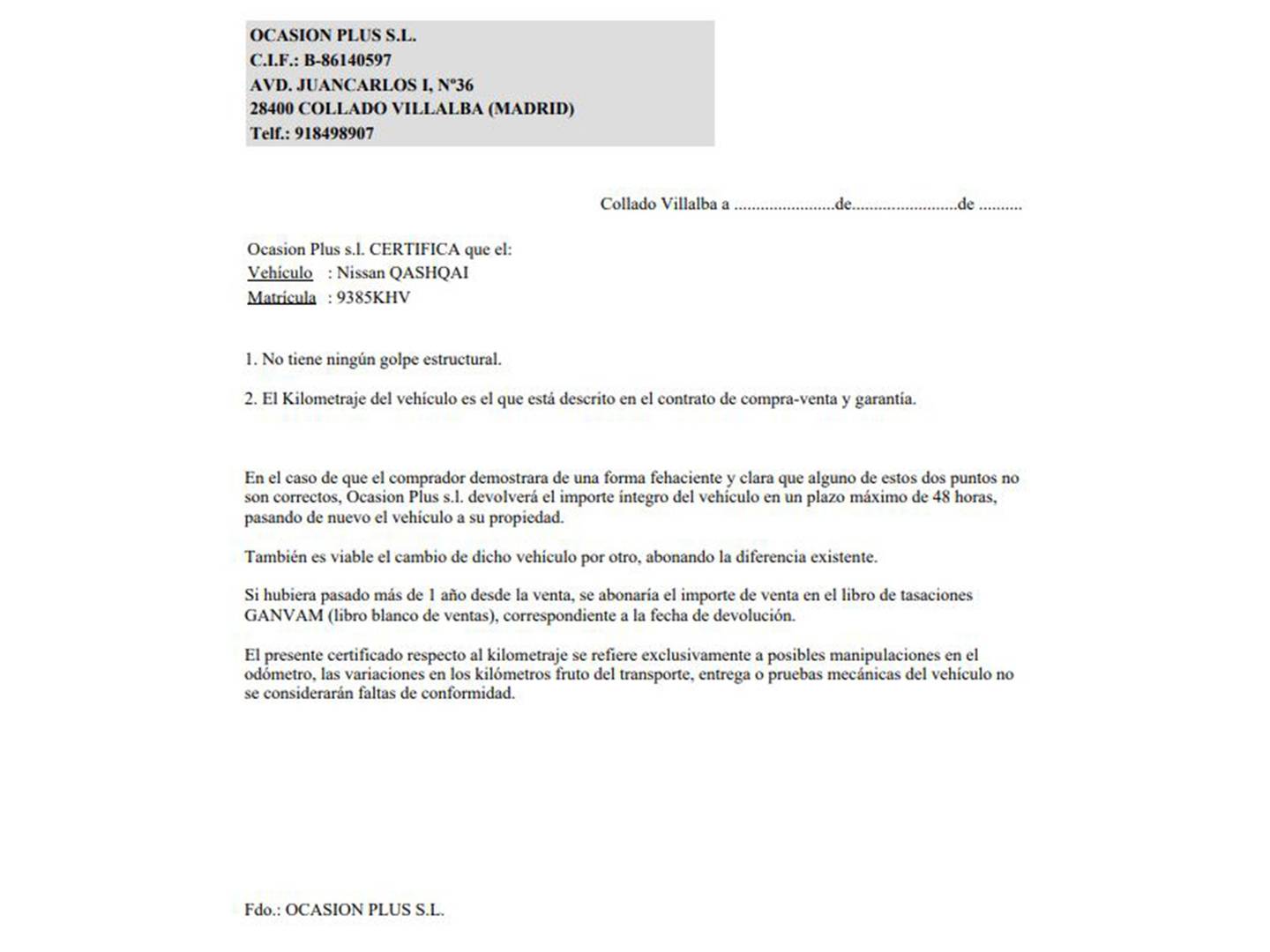 Foto del certificado del Nissan QASHQAI Nissan Qashqai dCi 110 S&S Acenta 4x2 (110 CV)