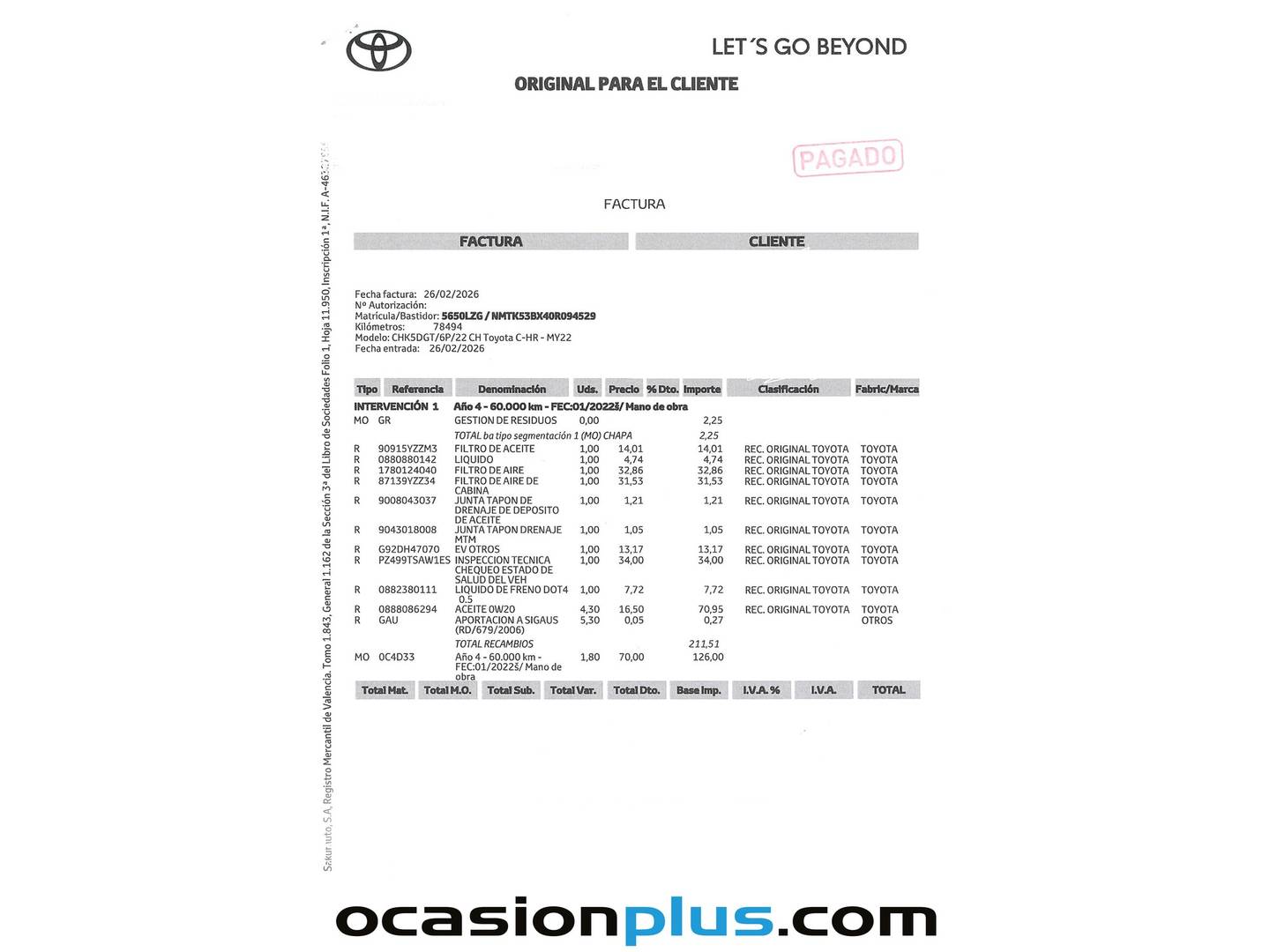 Foto del mantenimiento del Toyota C-HR Toyota C-HR 180H GR Sport (184 CV)