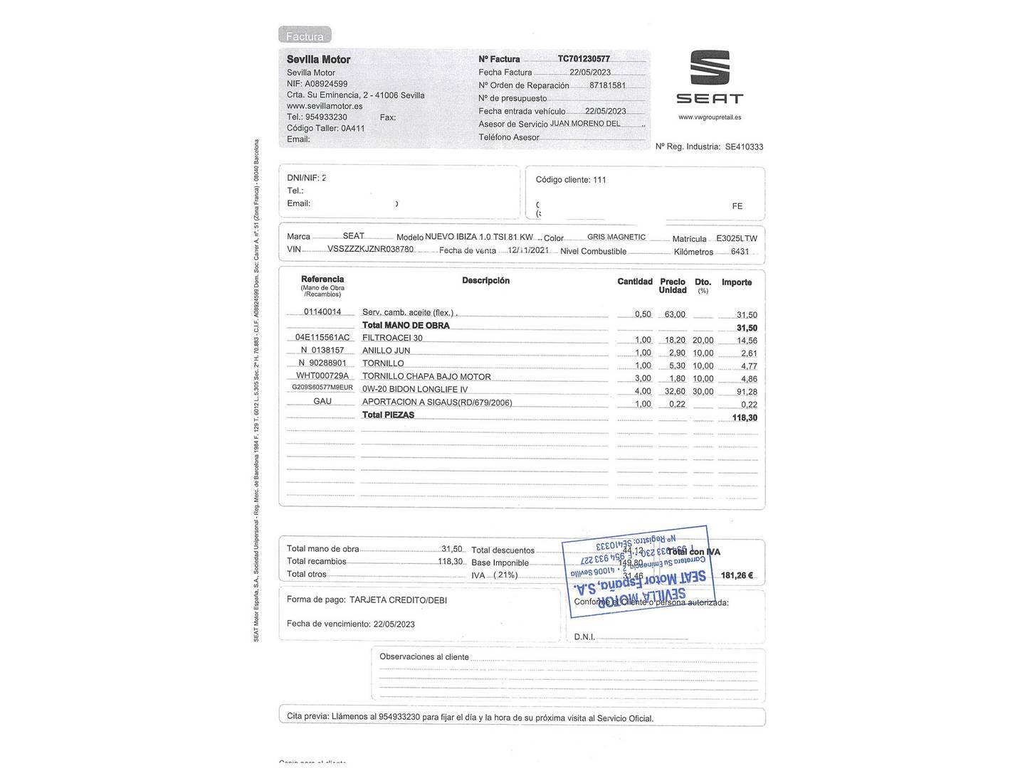 Foto del mantenimiento del Seat Ibiza Seat Ibiza 1.0 TSI Style Plus (110 CV)
