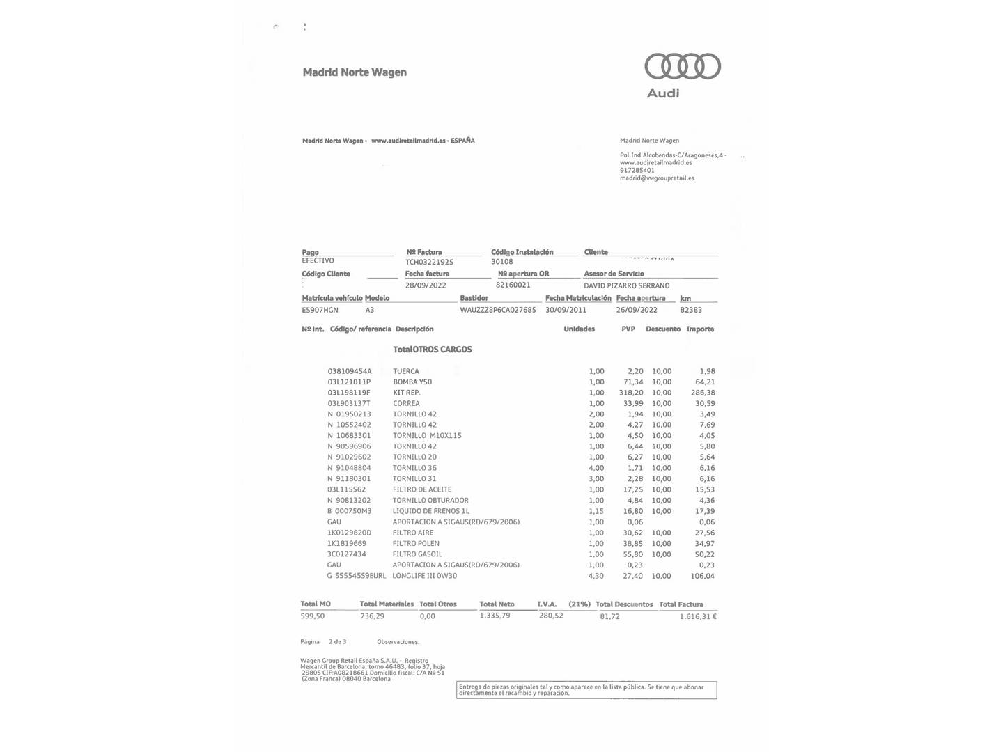 Foto del mantenimiento del Audi A3 Audi A3 Sportback Attraction 1.6 TDI (105 CV)