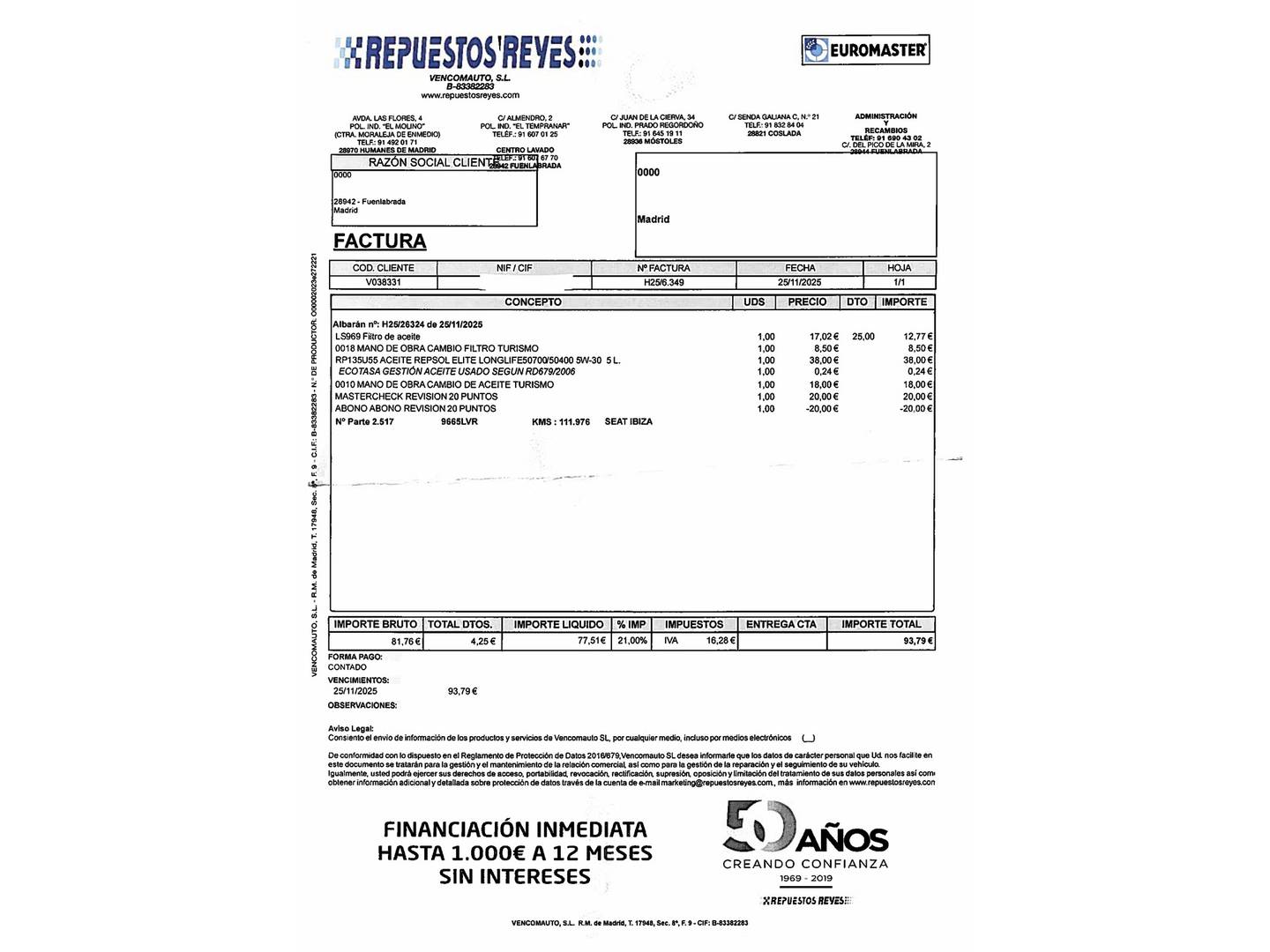 Foto del mantenimiento del Seat Ibiza Seat Ibiza 1.0 TGI FR (90CV)
