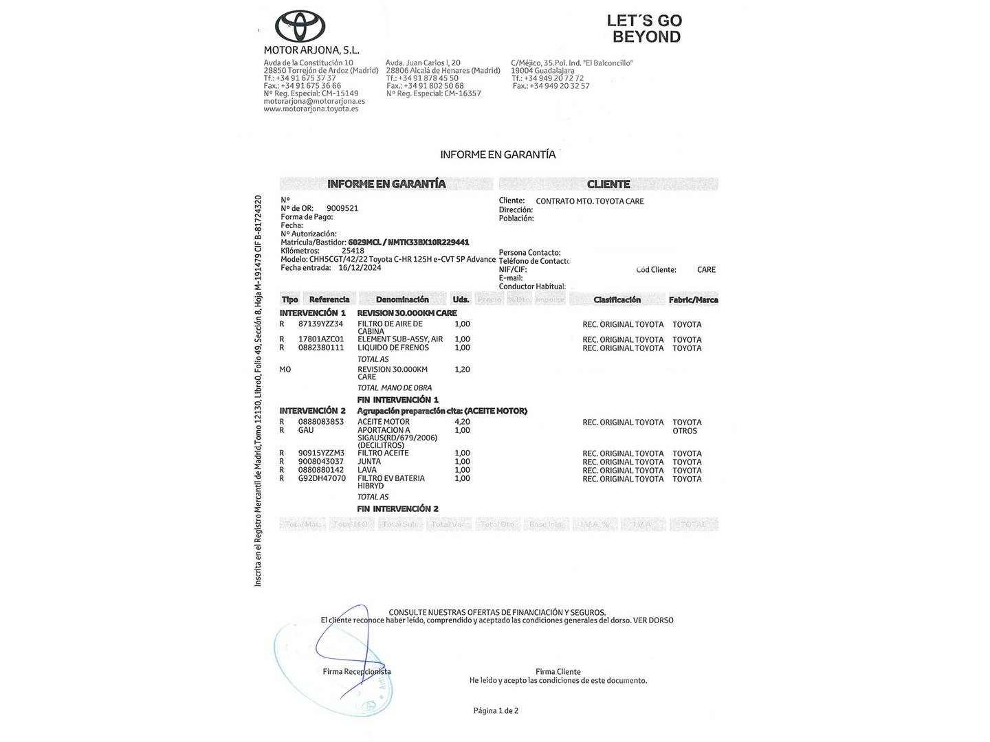Foto del mantenimiento del Toyota C-HR Toyota C-HR 1.8 125H Advance (122 CV)