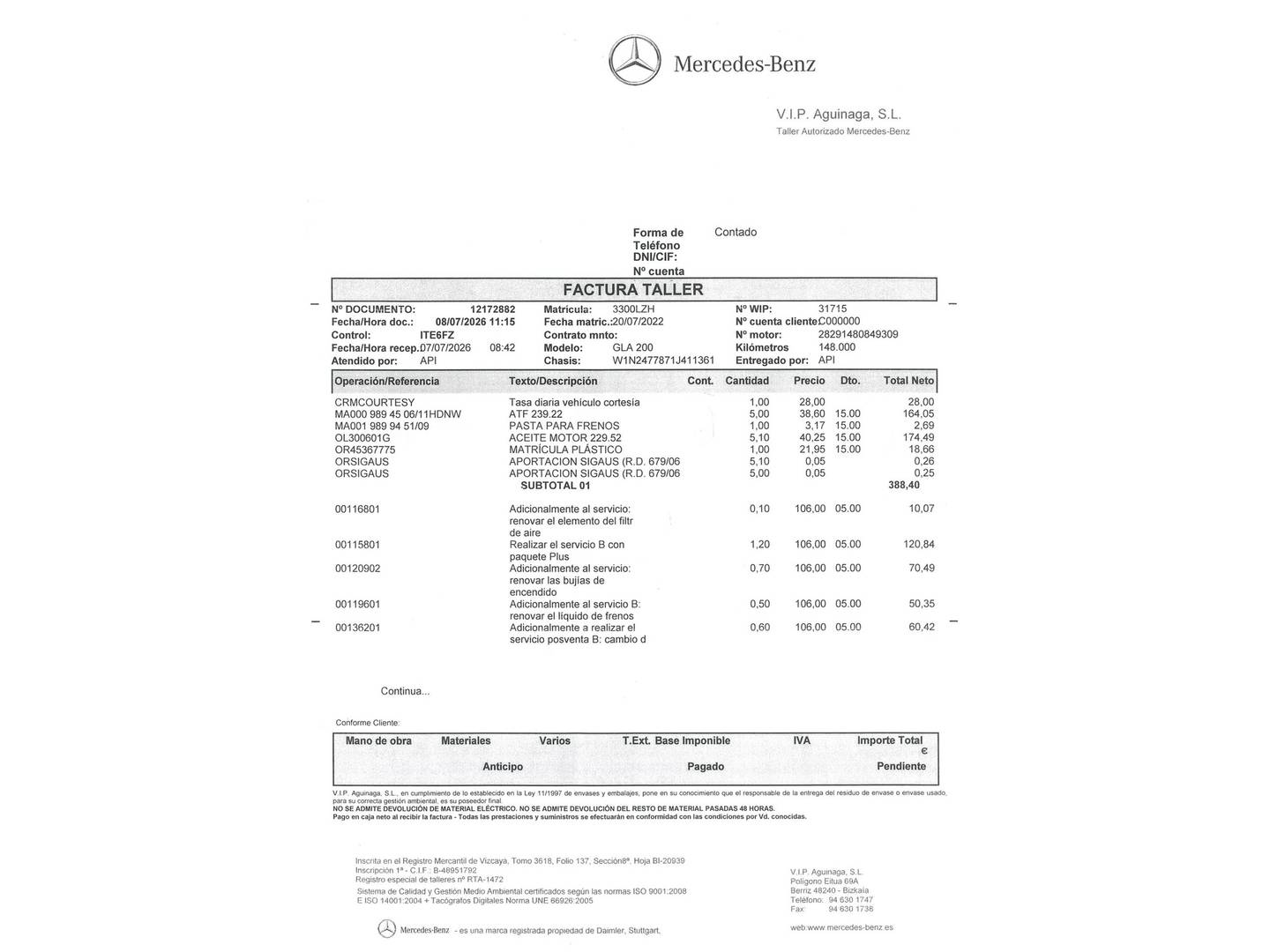 Foto del mantenimiento del Mercedes GLA Mercedes GLA 200 (163 CV) Pack AMG