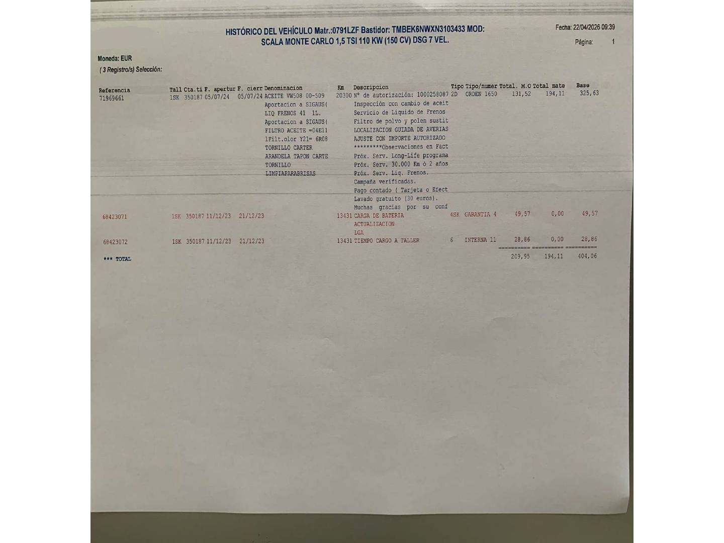 Foto del mantenimiento del Skoda Scala Skoda Scala 1.5 TSI Montecarlo DSG (150 CV)