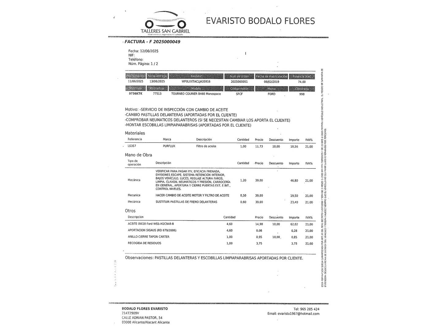 Foto del mantenimiento del Ford Tourneo Courier Ford Tourneo Courier 1.0 EcoBoost Titanium (100 CV)