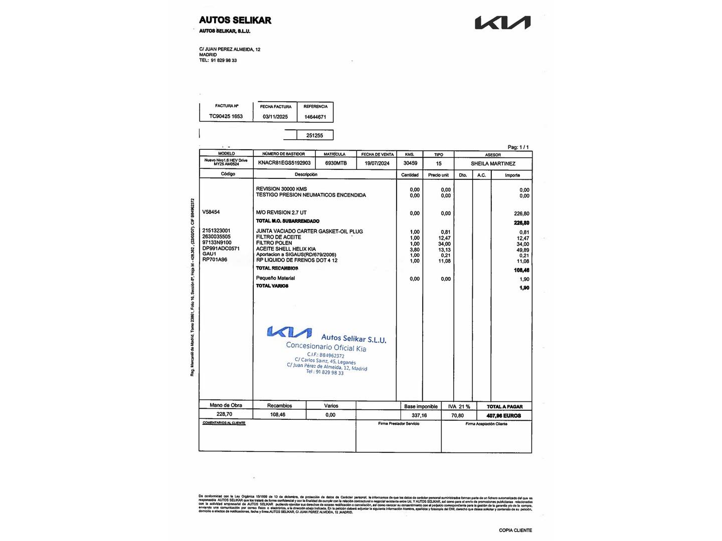 Foto del mantenimiento del KIA Niro KIA Niro 1.6 GDi HEV Drive (129 CV)