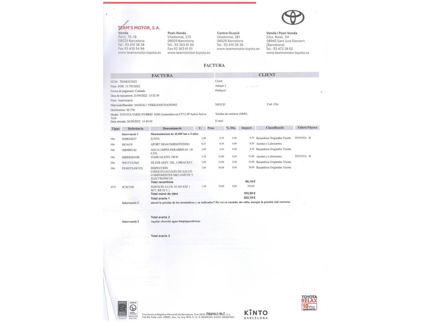 Foto del mantenimiento del Toyota Yaris Toyota Yaris 1.5 100H Active (100 CV)