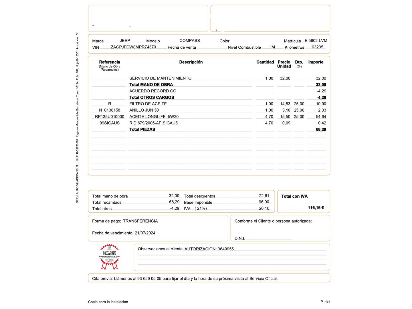 Foto del mantenimiento del Jeep Compass Jeep Compass 1.3 PHEV Limited AWD AT (190 CV)