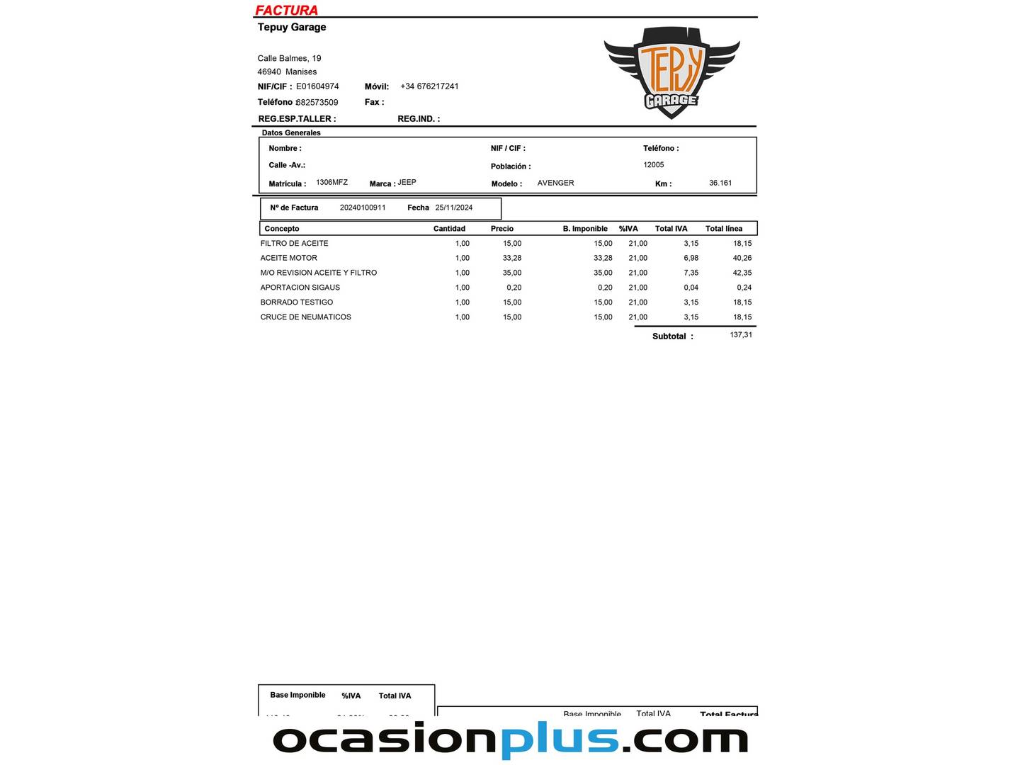 Foto del mantenimiento del Jeep Avenger Jeep Avenger 1.2 G Summit (100 CV)