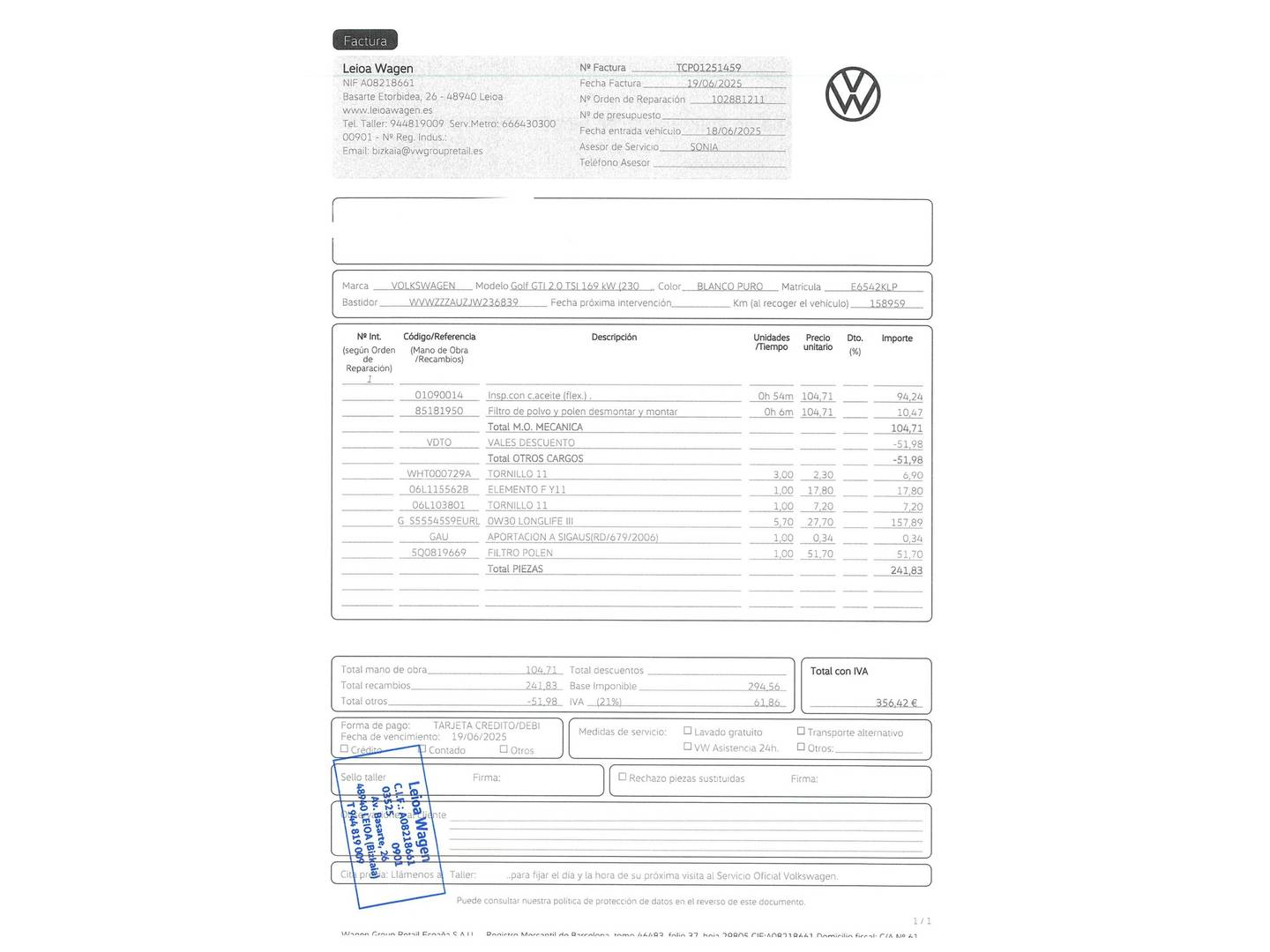 Foto del mantenimiento del Volkswagen Golf Volkswagen Golf GTI 2.0 TSI (230 CV)