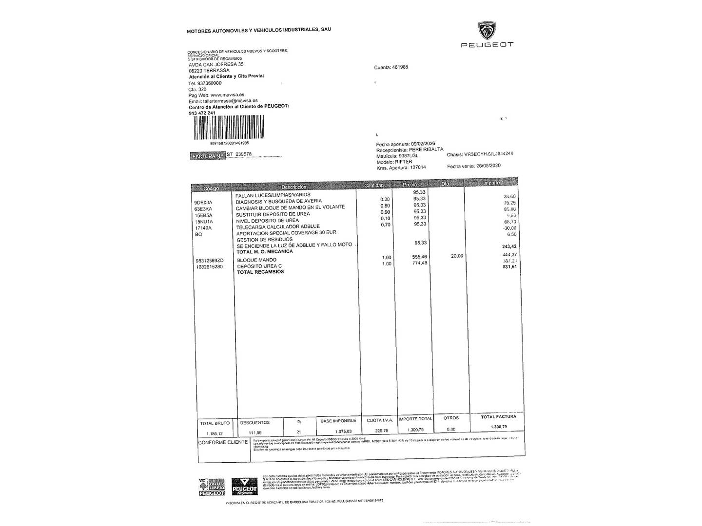 Foto del mantenimiento del Peugeot Rifter Peugeot Rifter BlueHDi 130 GT Line Standard (130 CV)