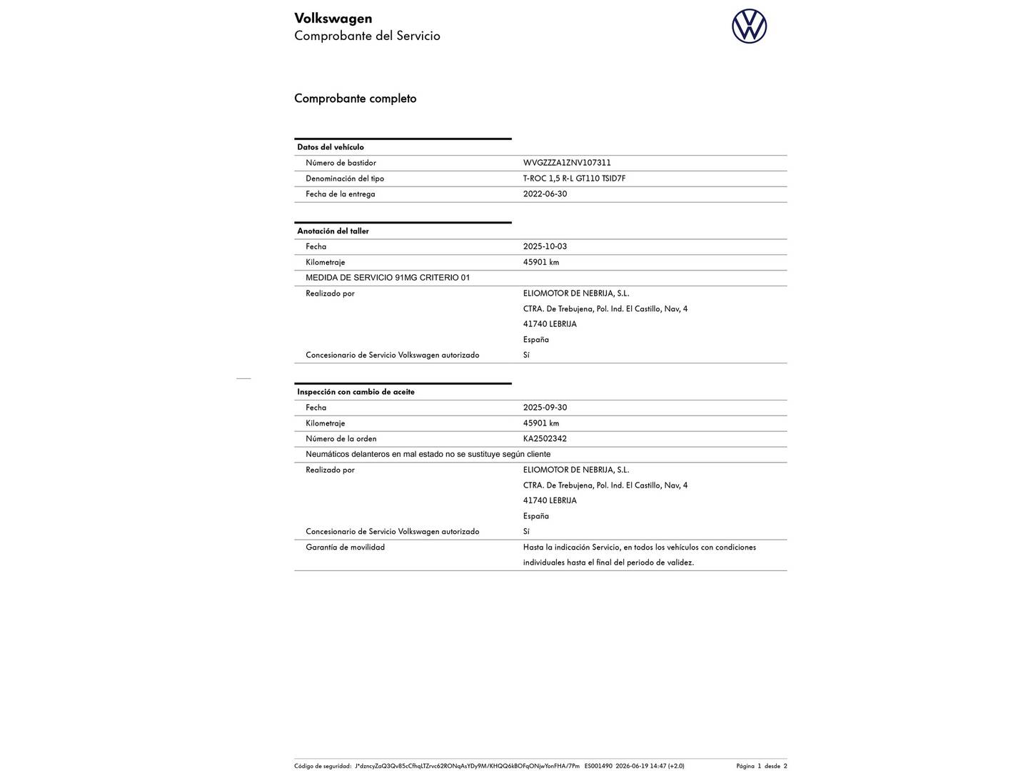 Foto del mantenimiento del Volkswagen T-Roc Volkswagen T-Roc R-Line 1.5 TSI (150 CV) DSG