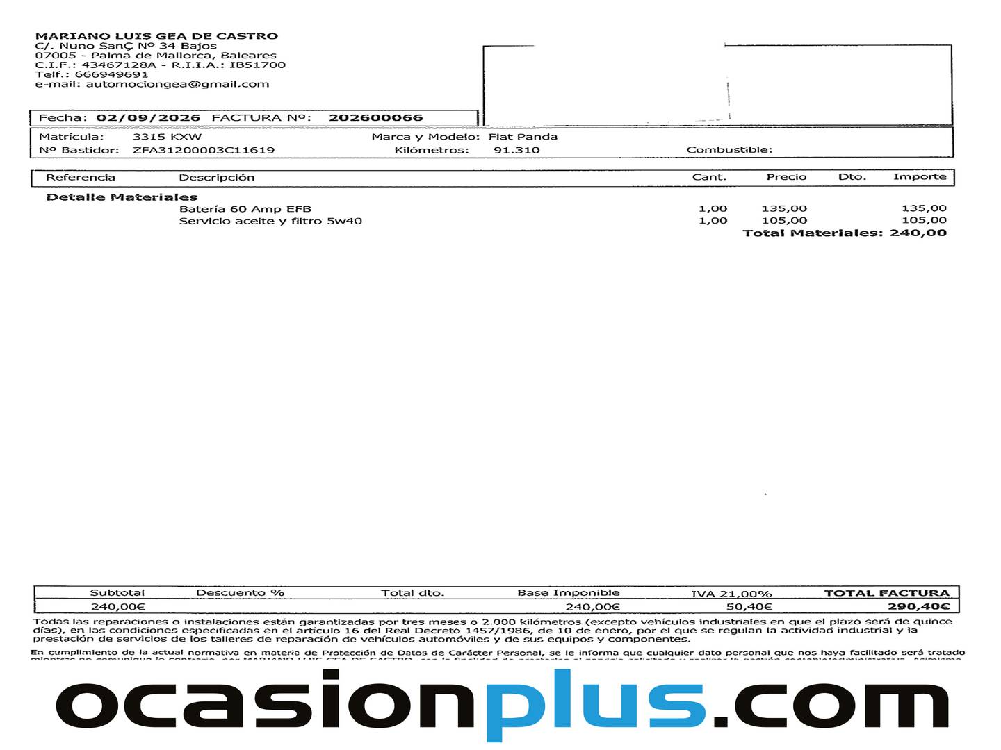 Foto del mantenimiento del Fiat Panda Fiat Panda 1.2 Lounge (69 CV)