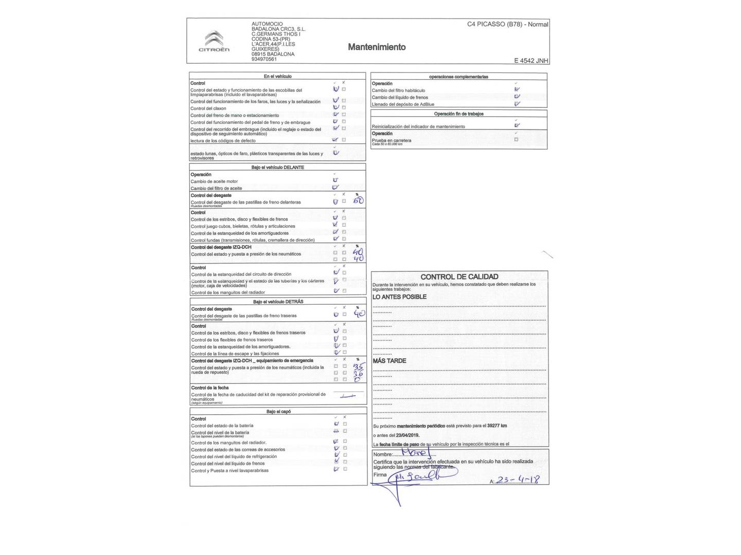 Foto del mantenimiento del Citroën C4 Picasso Citroën C4 Picasso BlueHDi 120 Feel (120 CV)