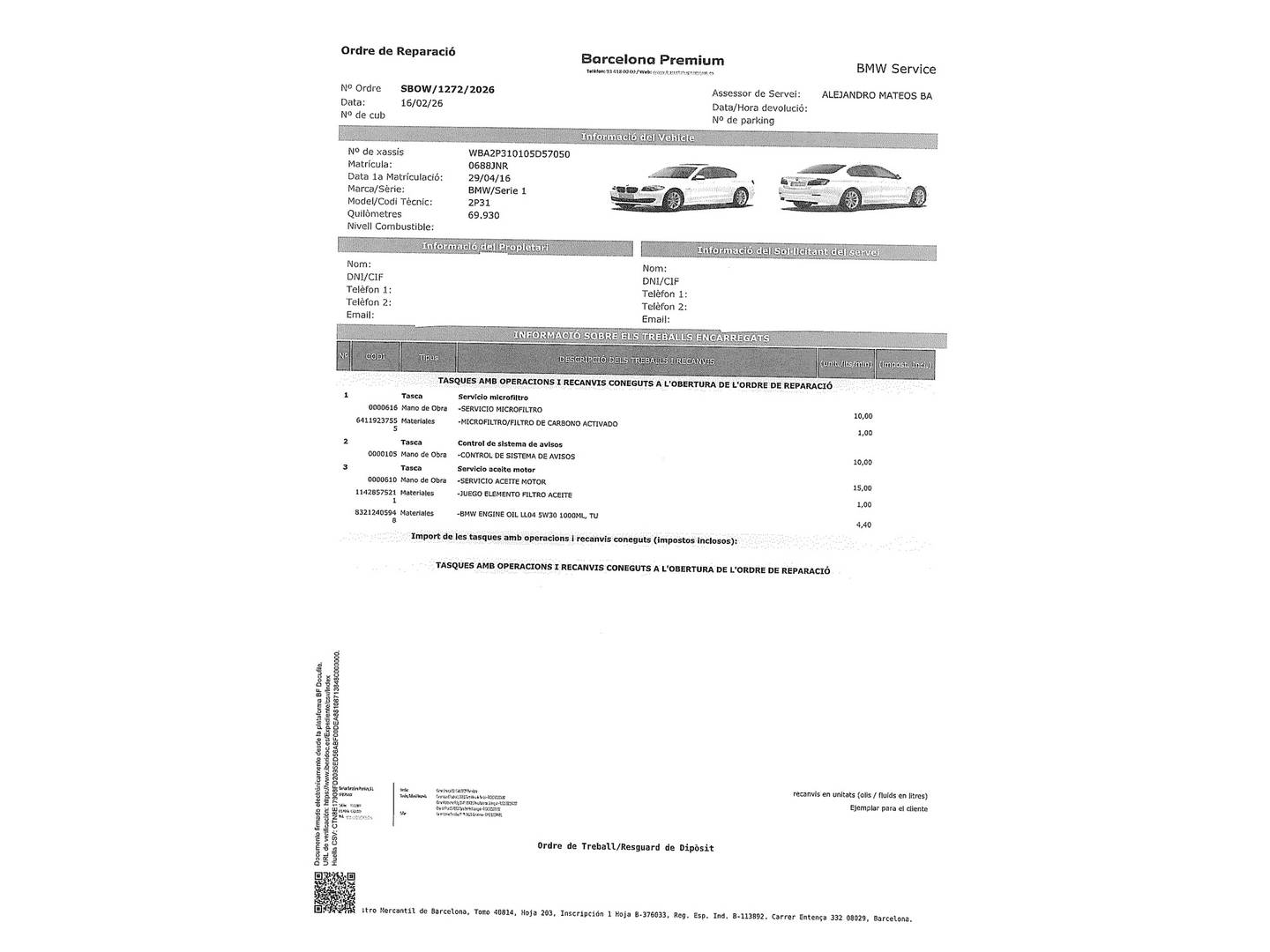 Foto del mantenimiento del BMW Serie 1 BMW Serie 1 116d (116 CV) Pack M