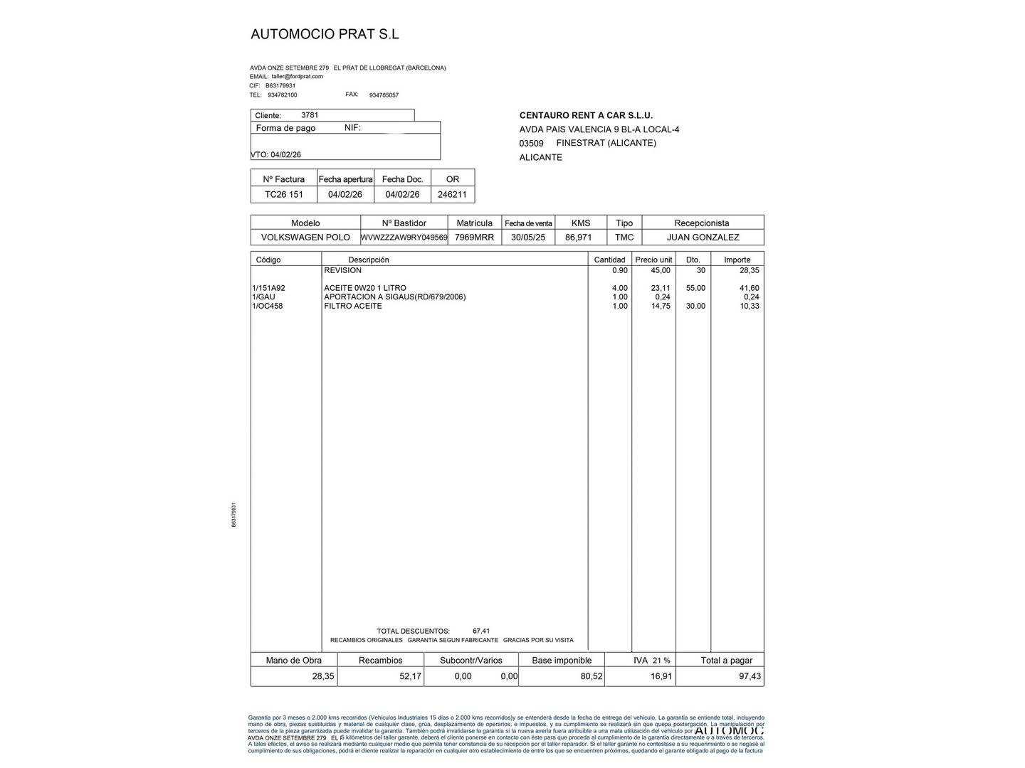 Foto del mantenimiento del Volkswagen Polo Volkswagen Polo Life 1.0 TSI (95 CV)