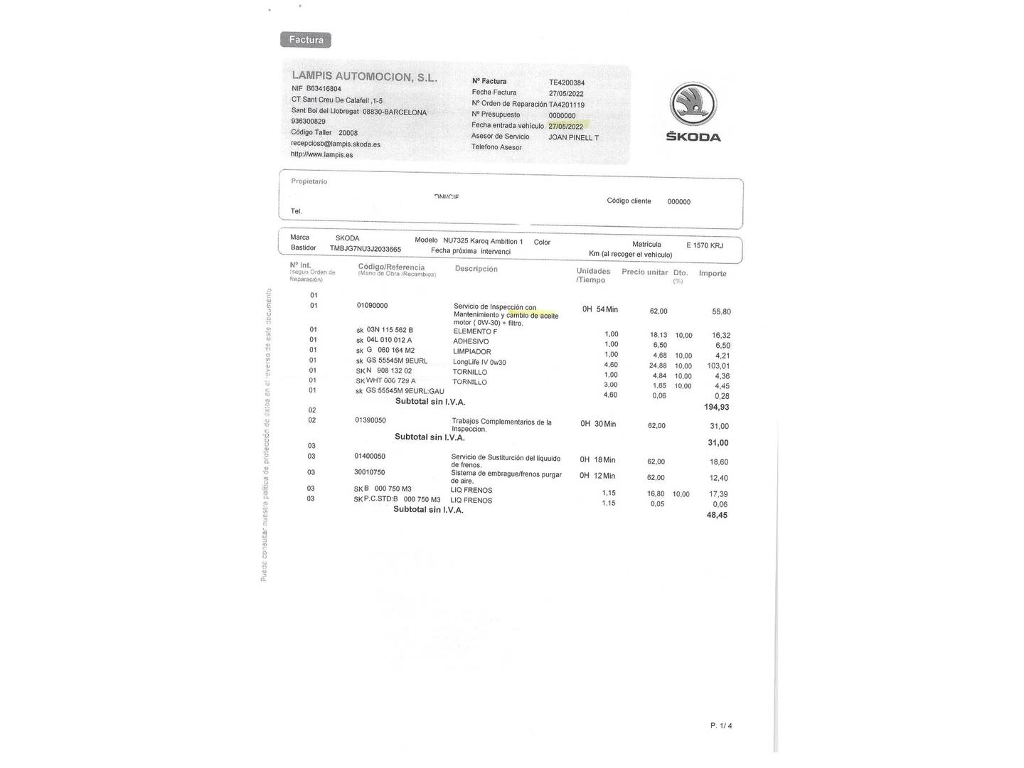 Foto del mantenimiento del Skoda Karoq Skoda Karoq 1.6 TDI Ambition (115 CV)