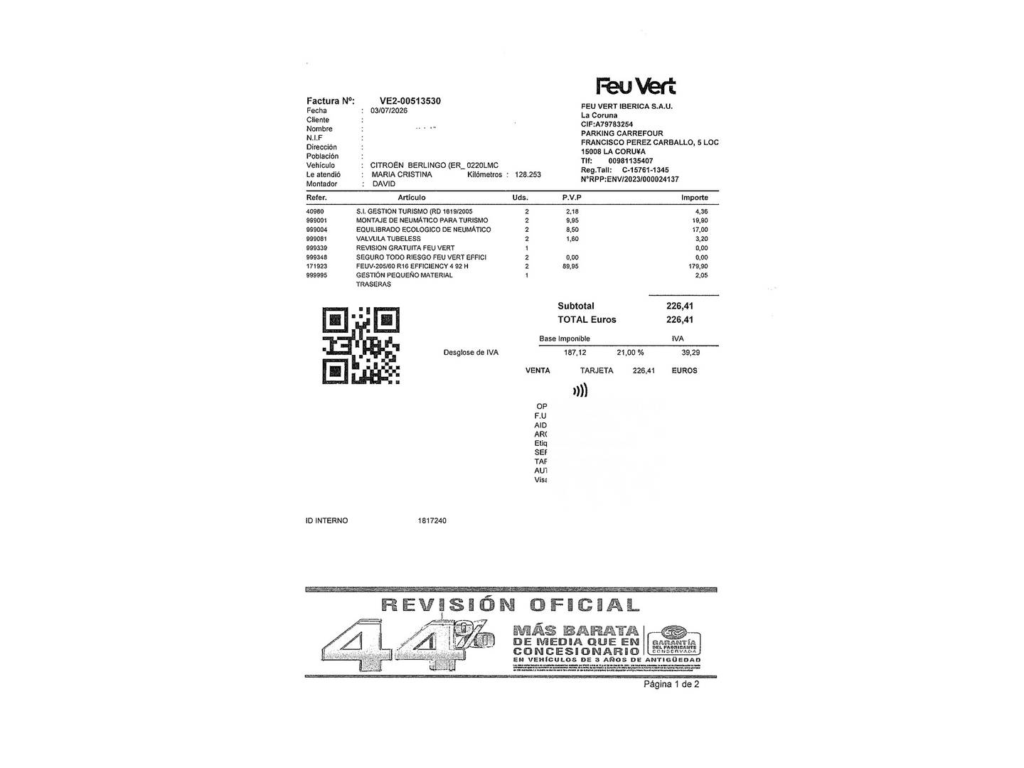Foto del mantenimiento del Citroën Berlingo Citroën Berlingo Combi PureTech 110 S&S Talla M Feel (110 CV)