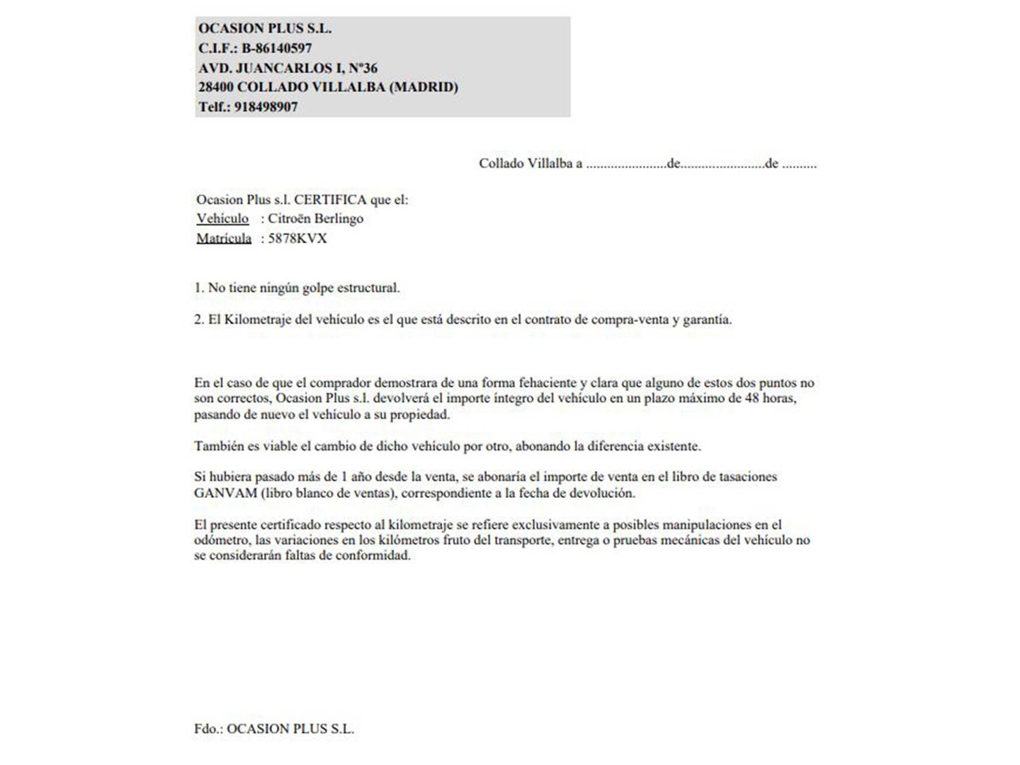 Foto del certificado del Citroën Berlingo Citroën Berlingo Combi PureTech 110 S&S Talla M Feel (110 CV)