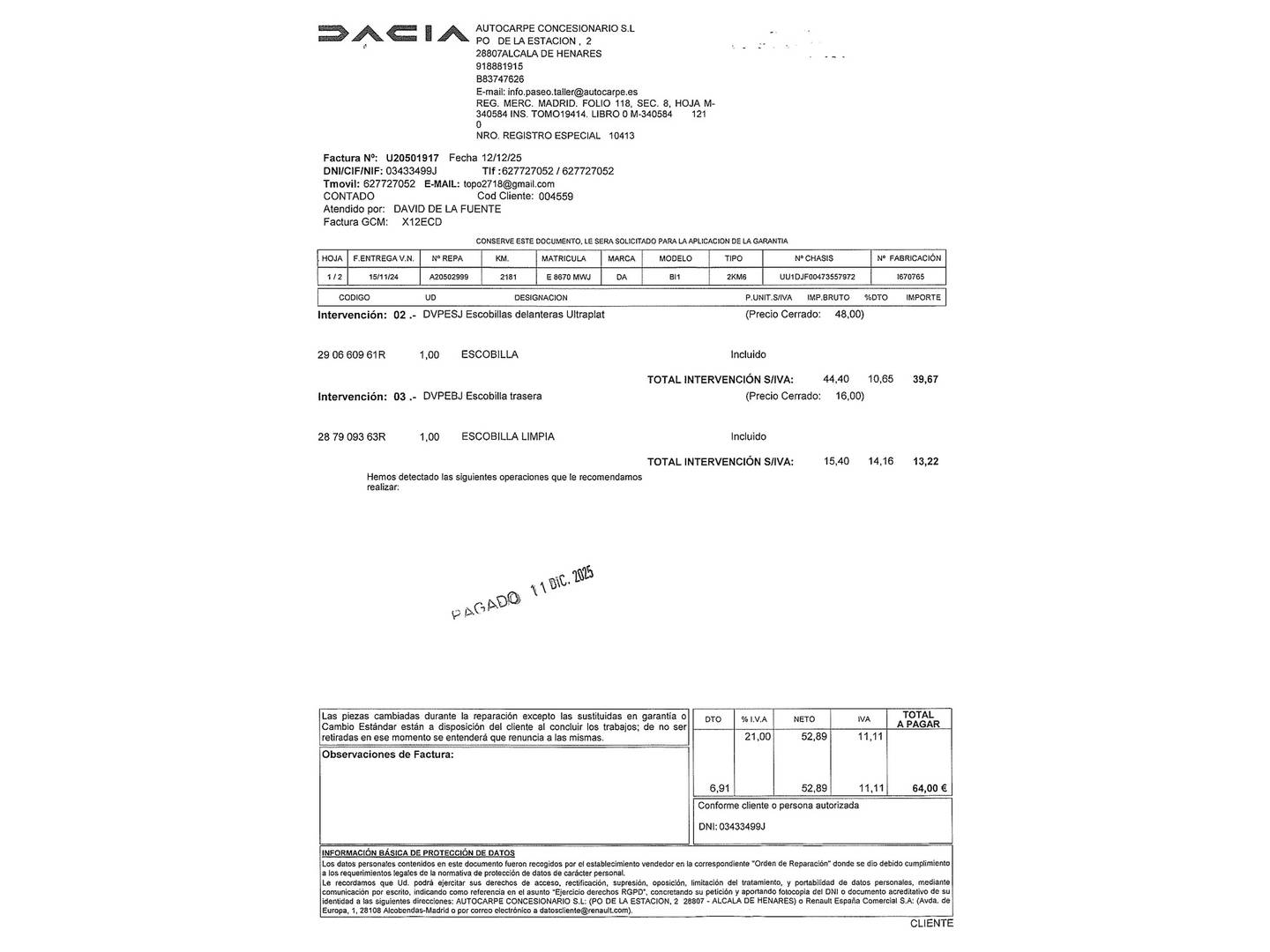 Foto del mantenimiento del Dacia Sandero Dacia Sandero Stepway Extreme Go TCe CVT (91 CV)