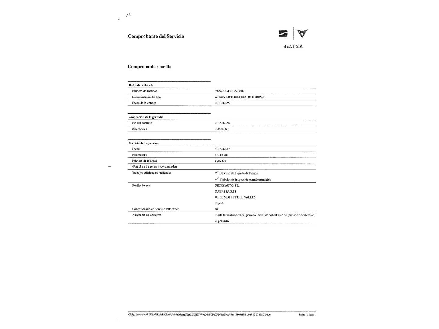 Foto del mantenimiento del Seat Ateca Seat Ateca 1.0 TSI S&S Ecomotive Reference Edition (115 CV)