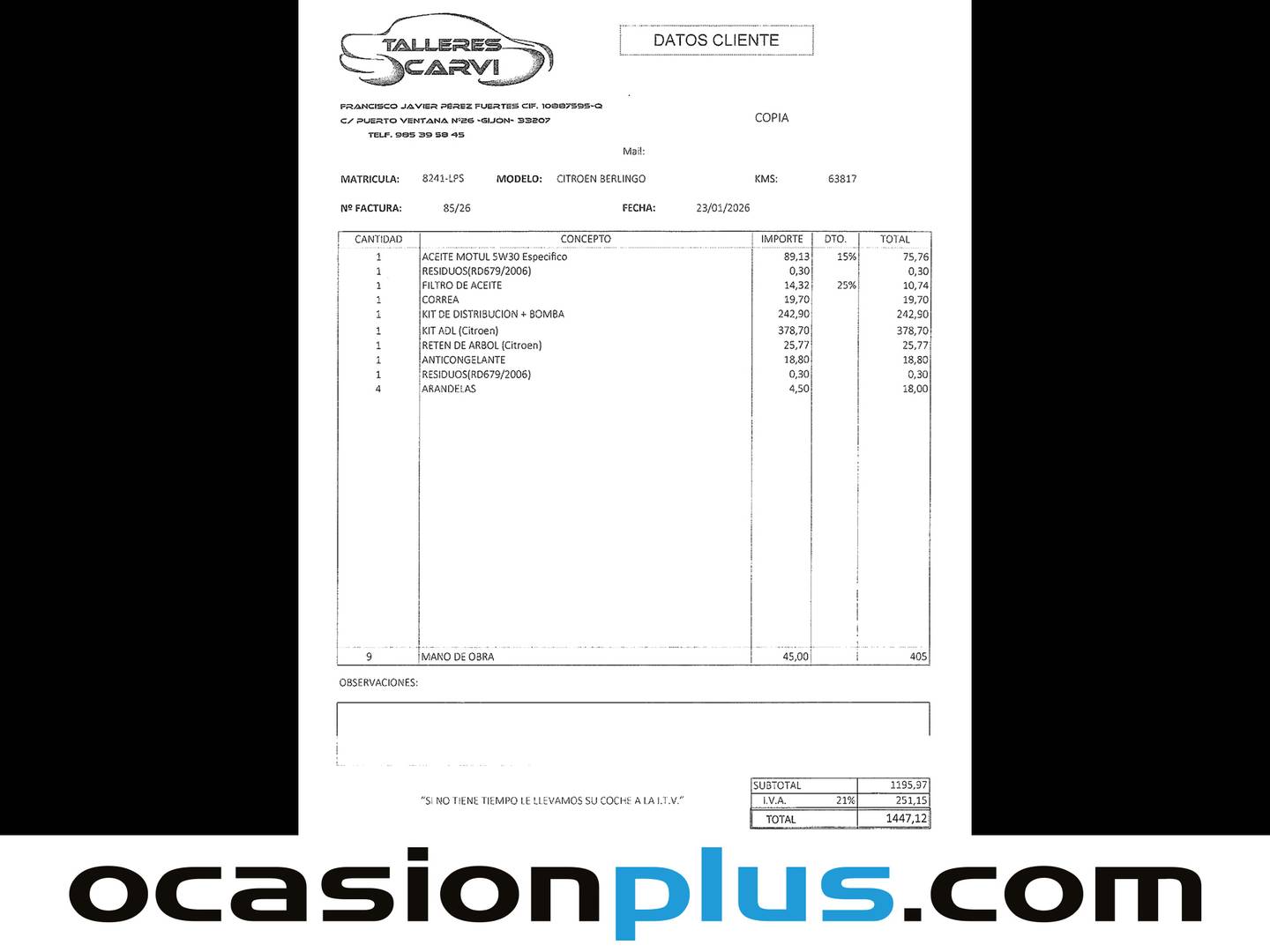 Foto del mantenimiento del Citroën Berlingo Citroën Berlingo BlueHDi 130 S&S Talla M Shine (130 CV)