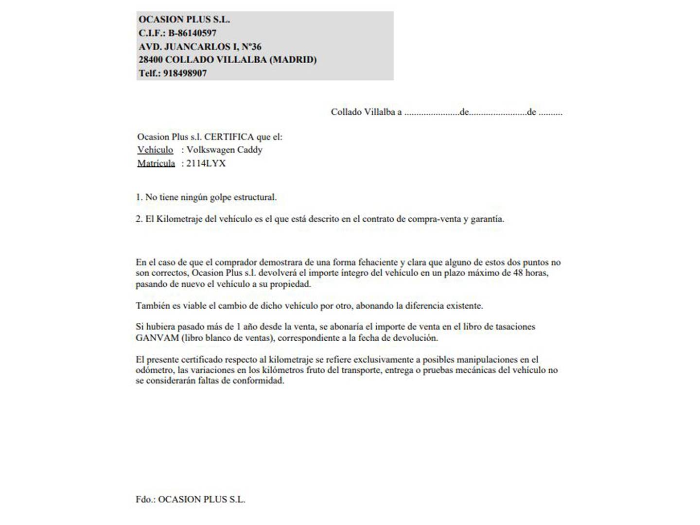 Foto del certificado del Volkswagen Caddy Volkswagen Caddy Kombi Kombi 2.0 TDI (102 CV)
