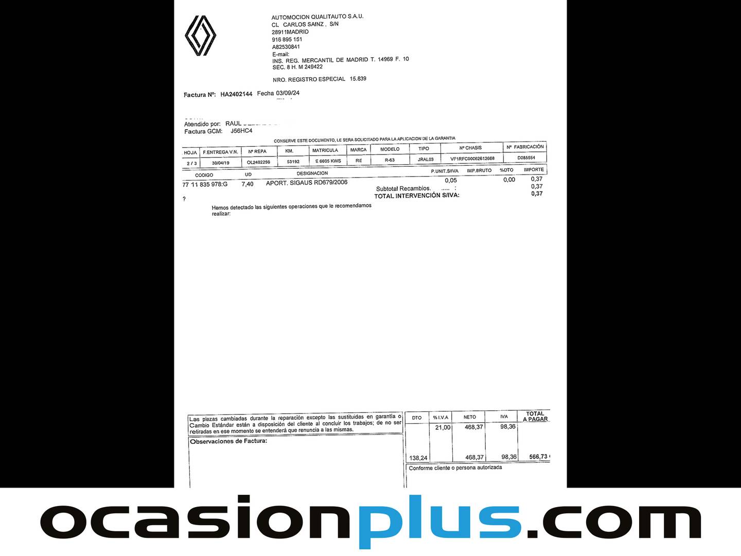 Foto del mantenimiento del Renault Espace Renault Espace Initiale Paris Blue dCi (200 CV) EDC