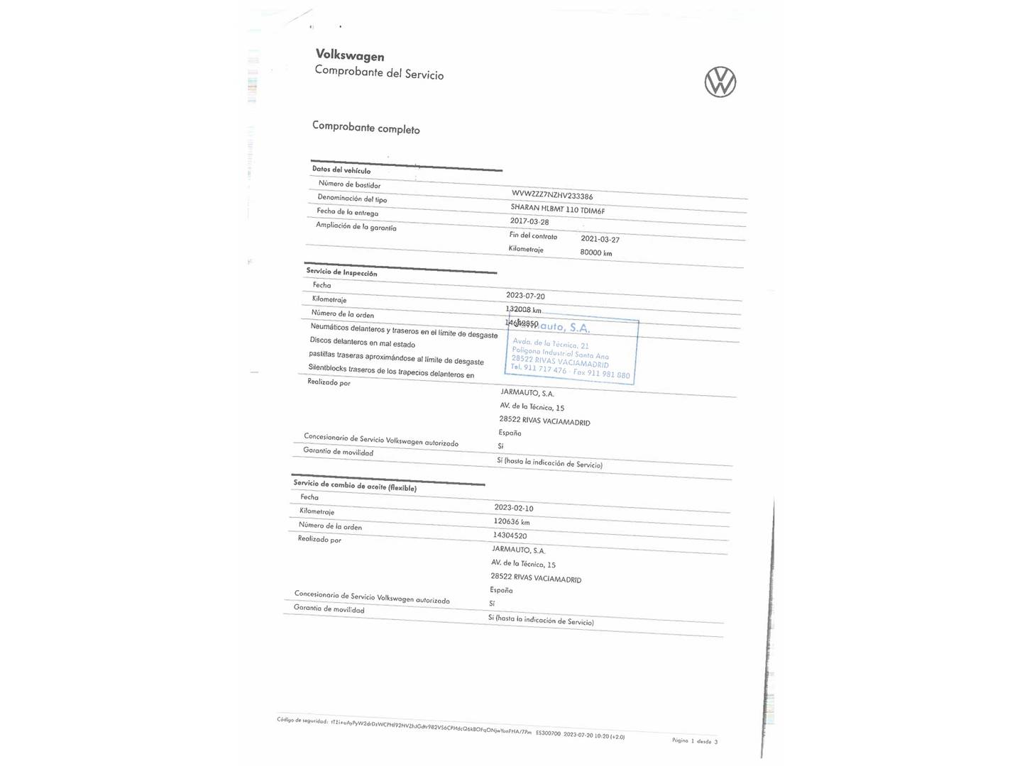 Foto del mantenimiento del Volkswagen Sharan Volkswagen Sharan Sport 2.0 TDI BMT (150 CV)7 Plazas