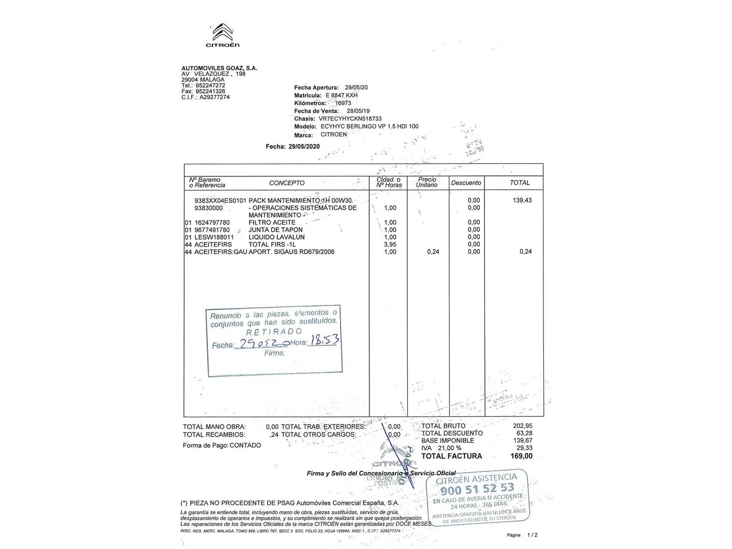 Foto del mantenimiento del Citroën Berlingo Citroën Berlingo BlueHDi 100 S&S Talla M Shine (100 CV)