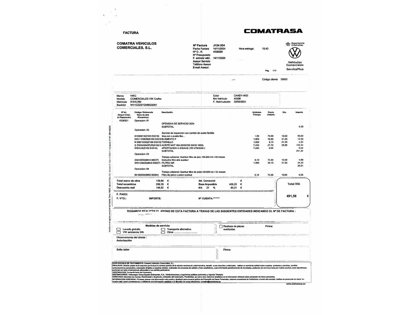 Foto del mantenimiento del Volkswagen Crafter Volkswagen Crafter 35 Furgón Batalla Larga con Voladizo L5H3 2.0 TDI (140 CV)