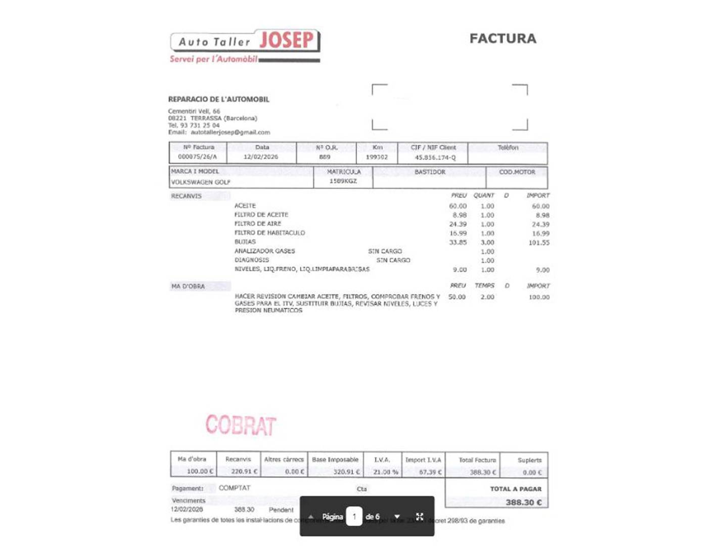 Foto del mantenimiento del Volkswagen Golf Volkswagen Golf Edition 1.0 TSI (110 CV)