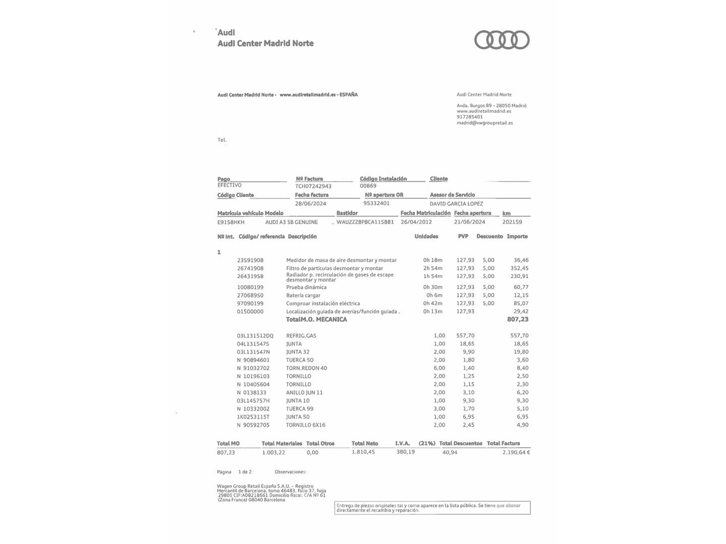 Foto del mantenimiento del Audi A3 Audi A3 Sportback A3 Sportback Attraction 1.6 TDI (105 CV)