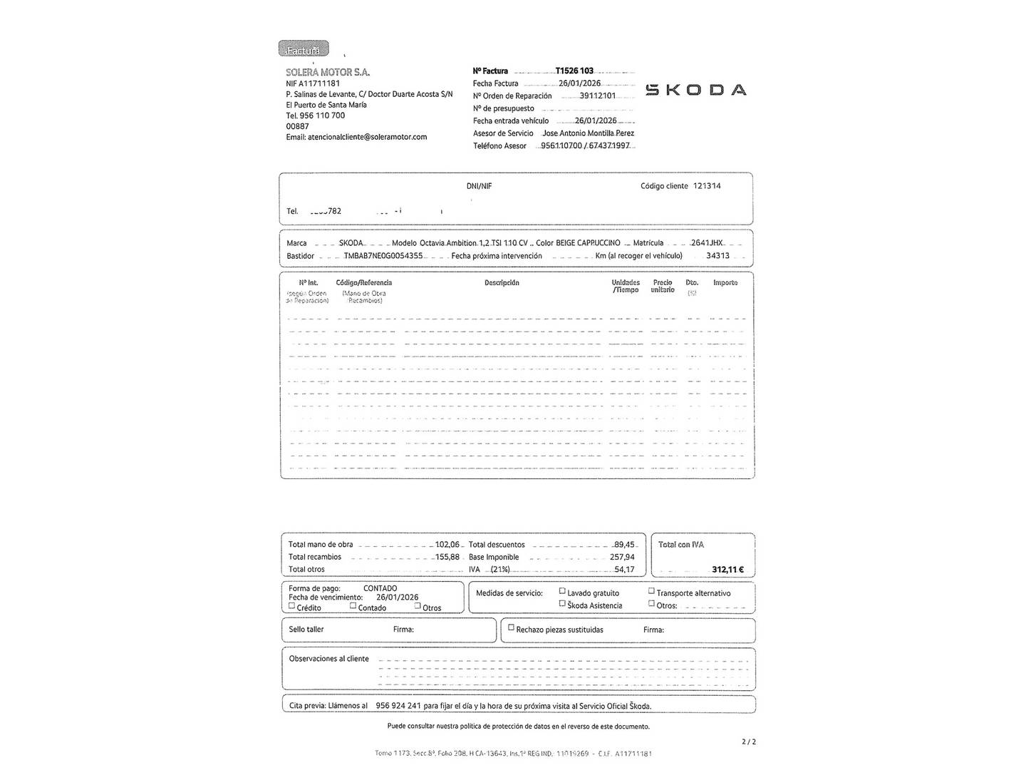 Foto del mantenimiento del Skoda Octavia Skoda Octavia 1.2 TSI 105cv Ambition DSG