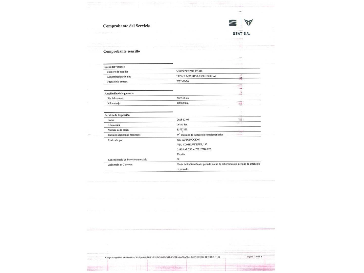 Foto del mantenimiento del Seat León Seat León 1.0 eTSI S&S Style Go S DSG (110 CV)
