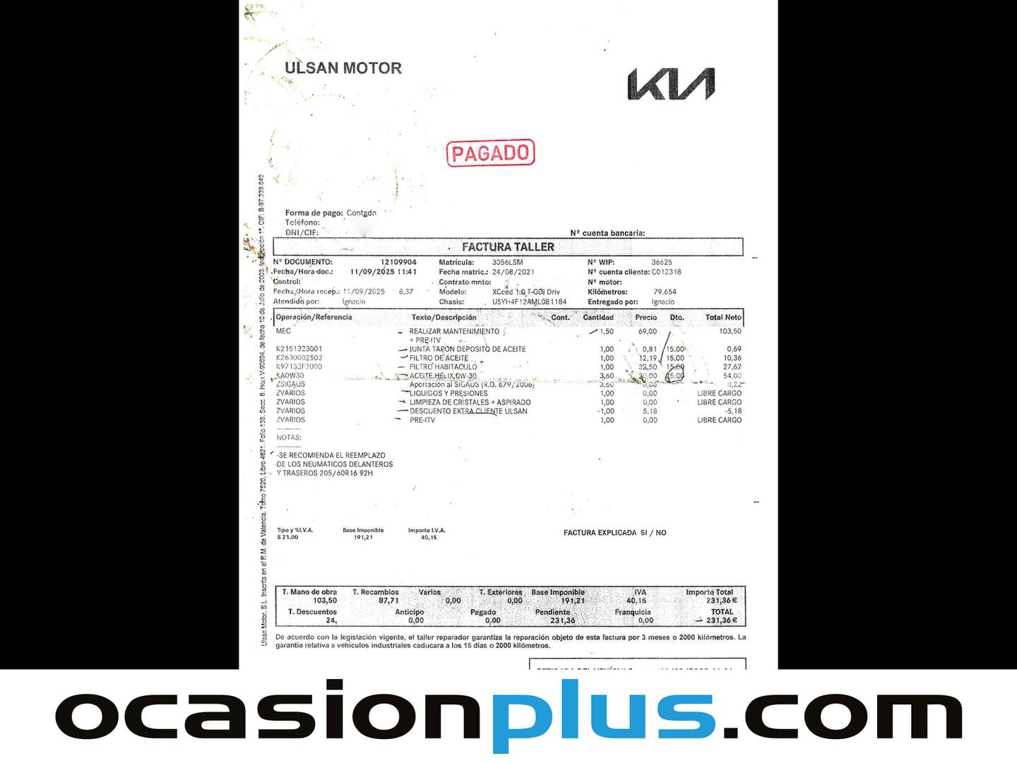 Foto del mantenimiento del KIA XCeed KIA XCeed 1.0 T-GDi Drive (120 CV)