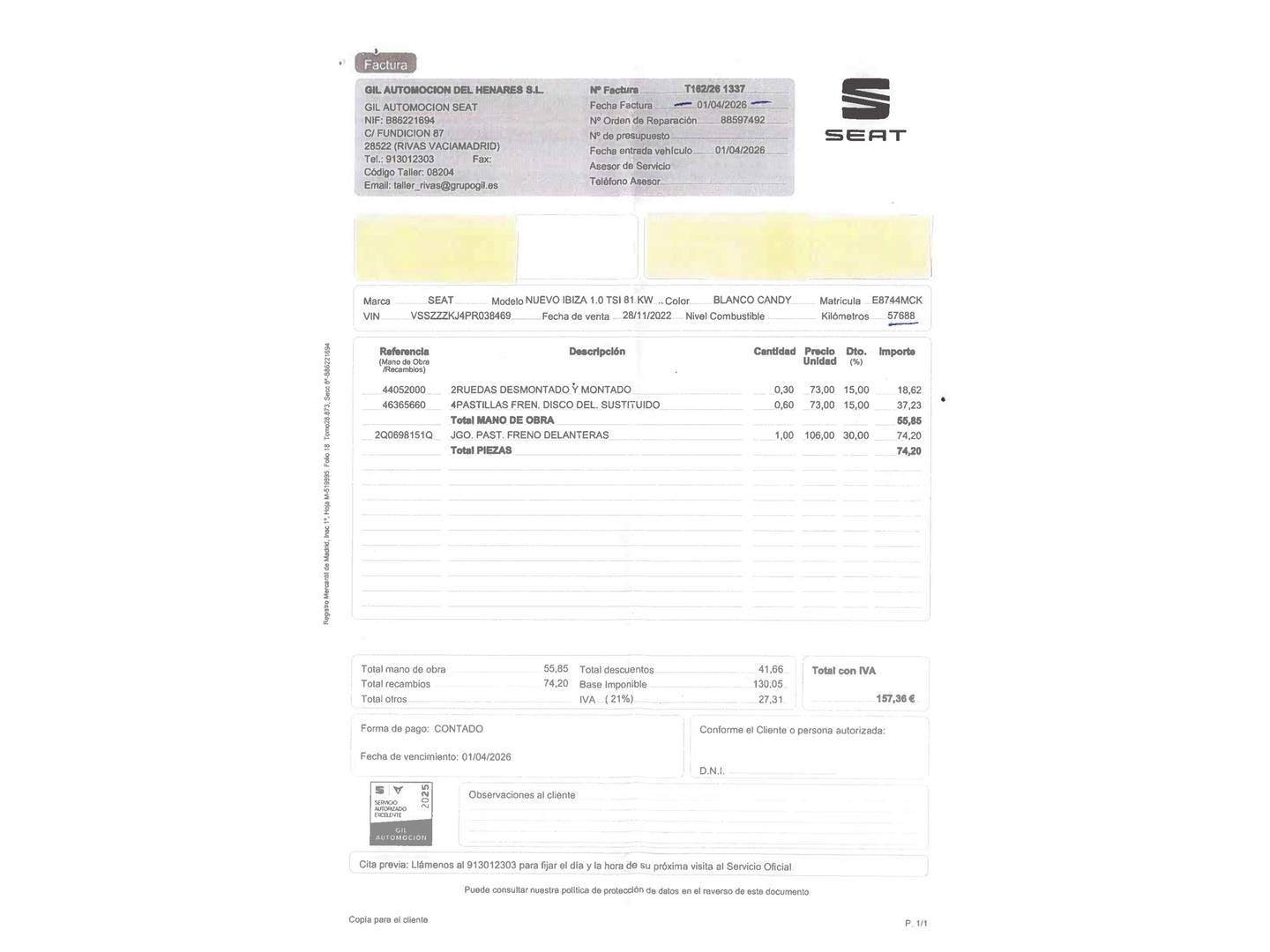 Foto del mantenimiento del Seat Ibiza Seat Ibiza 1.0 TSI Style XL Wired (110 CV)