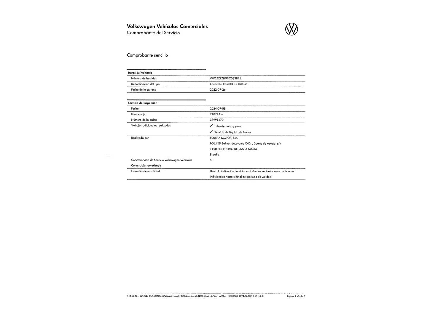 Foto del mantenimiento del Volkswagen Caravelle Volkswagen Caravelle Origin Batalla Corta 2.0 TDI BMT (110 CV)