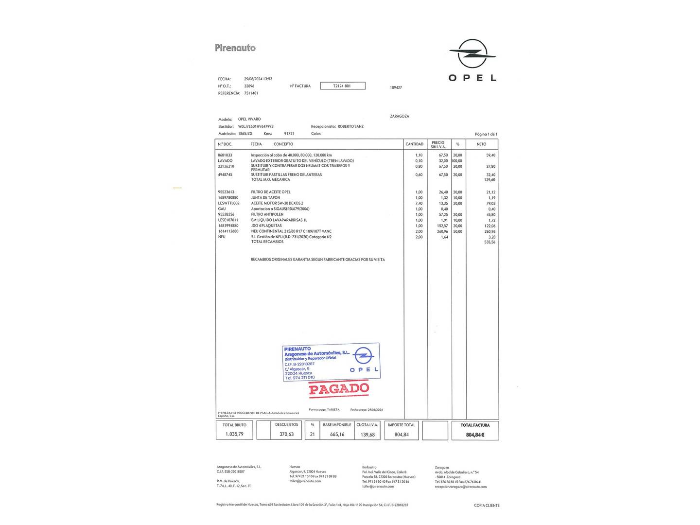 Foto del mantenimiento del Opel Vivaro Opel Vivaro Combi 1.6 CDTI S&S L1 2.7t (145 CV) 8 Plazas
