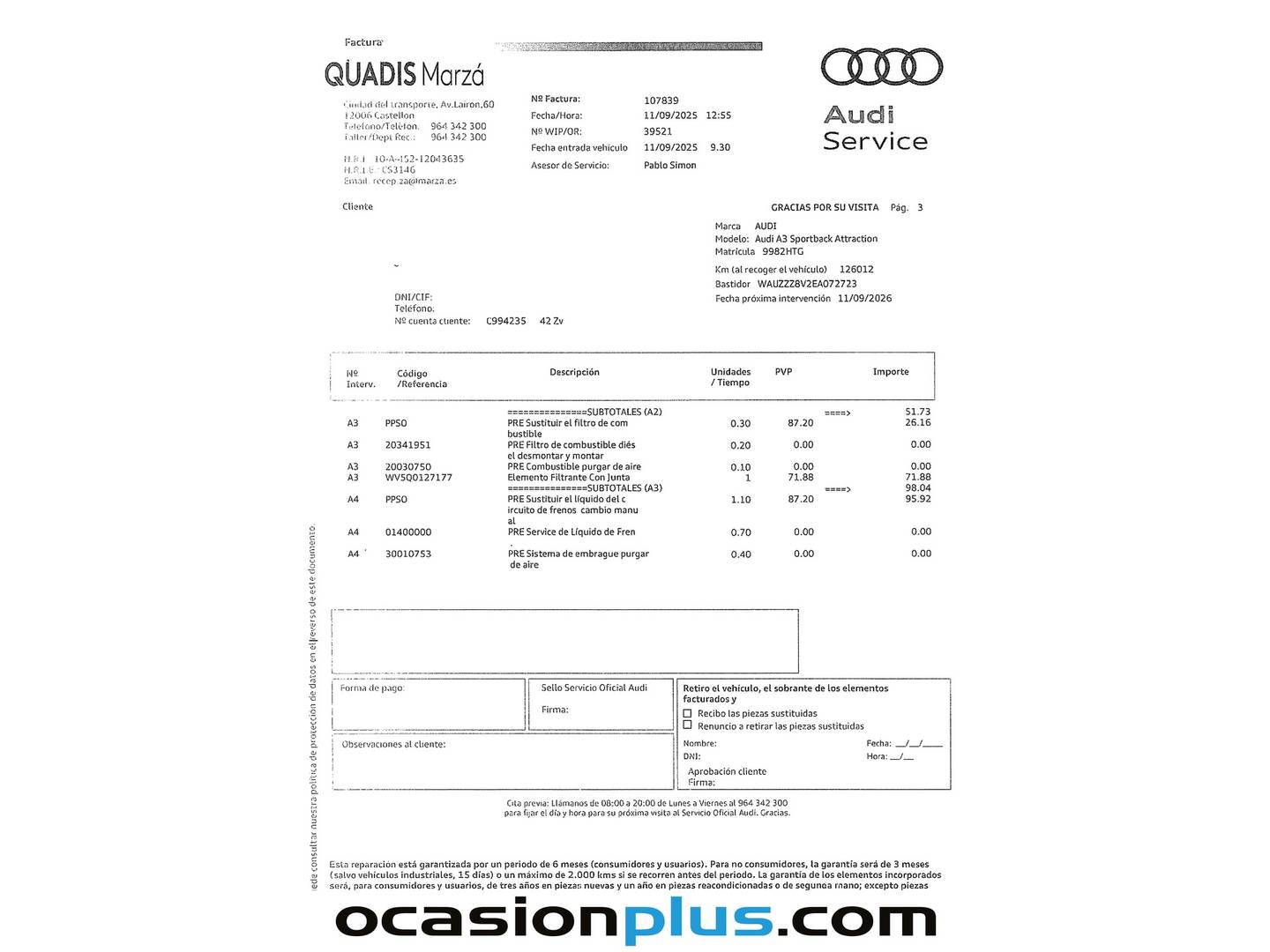 Foto del mantenimiento del Audi A3 Audi A3 Sportback Attraction Edición especial 1.6 TDI (105 CV)