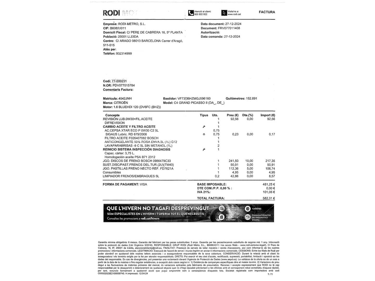Foto del mantenimiento del Citroën C4 Picasso Citroën C4 Picasso BlueHDi 120 Feel (120 CV)