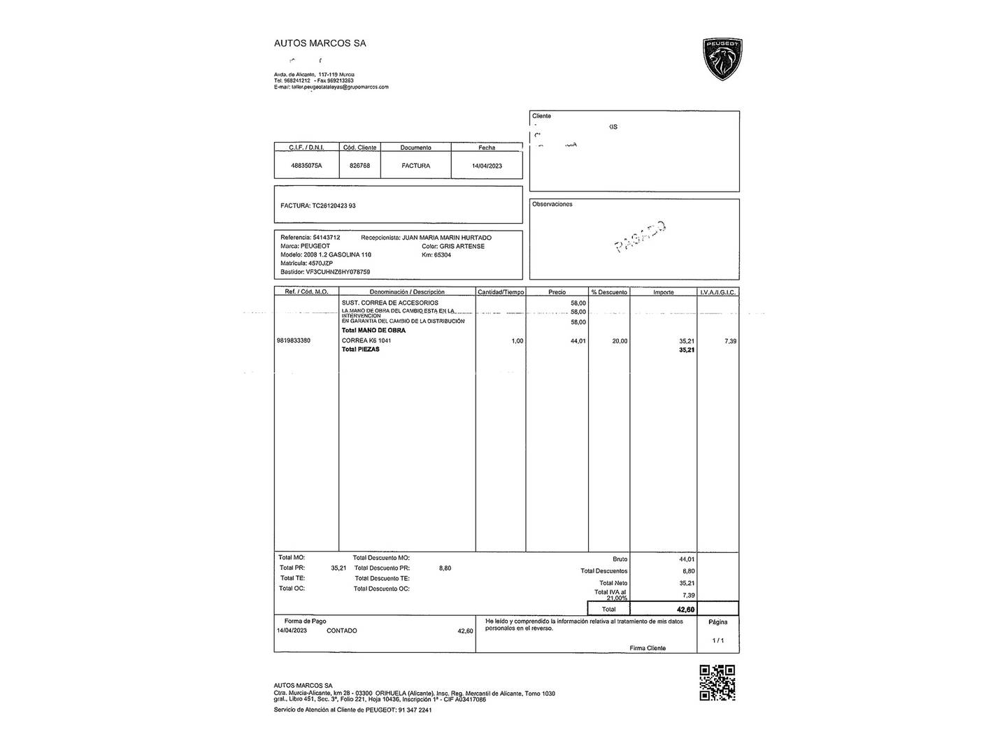 Foto del mantenimiento del Peugeot 2008 Peugeot 2008 PureTech Style (100 CV)