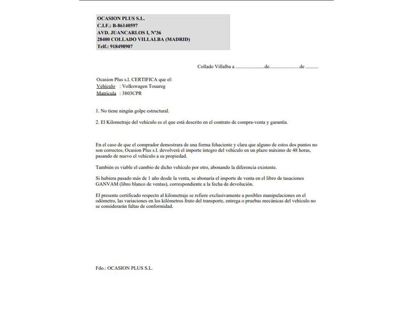 Foto del certificado del Volkswagen Touareg Volkswagen Touareg 2.5 TDI R5 Tiptronic (174 CV)
