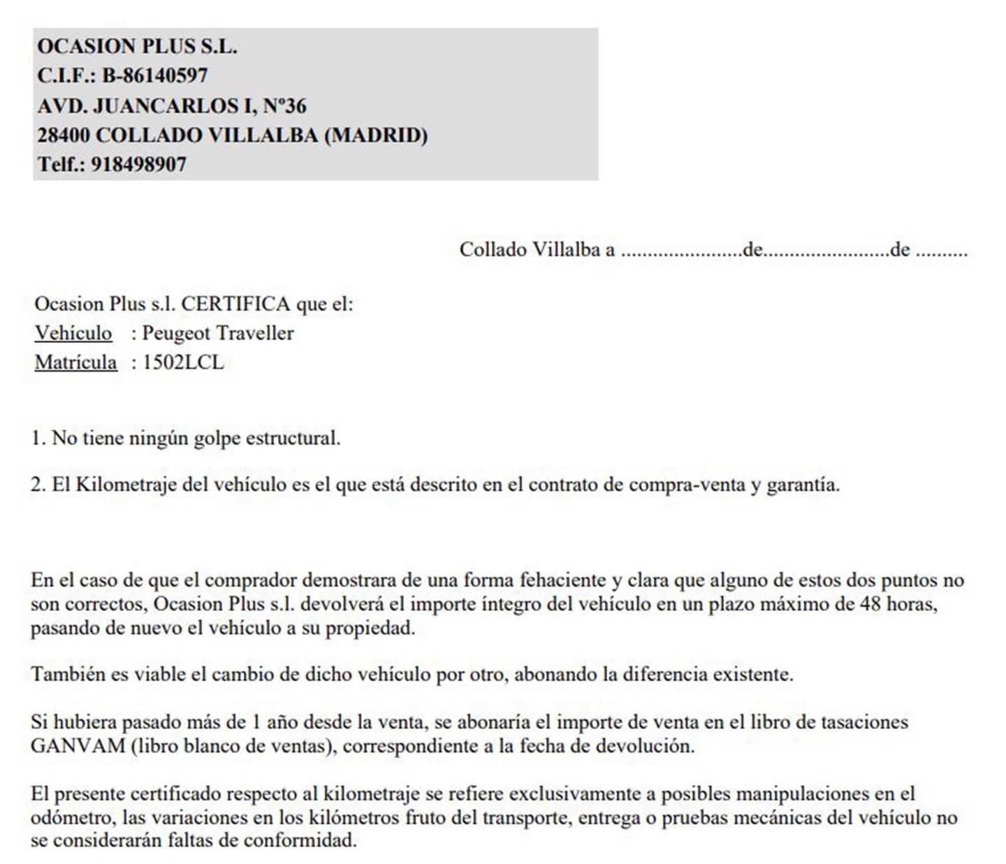 Foto del certificado del Peugeot Traveller Peugeot Traveller BlueHDi 150 Active Standard  8 Plazas (150 CV)