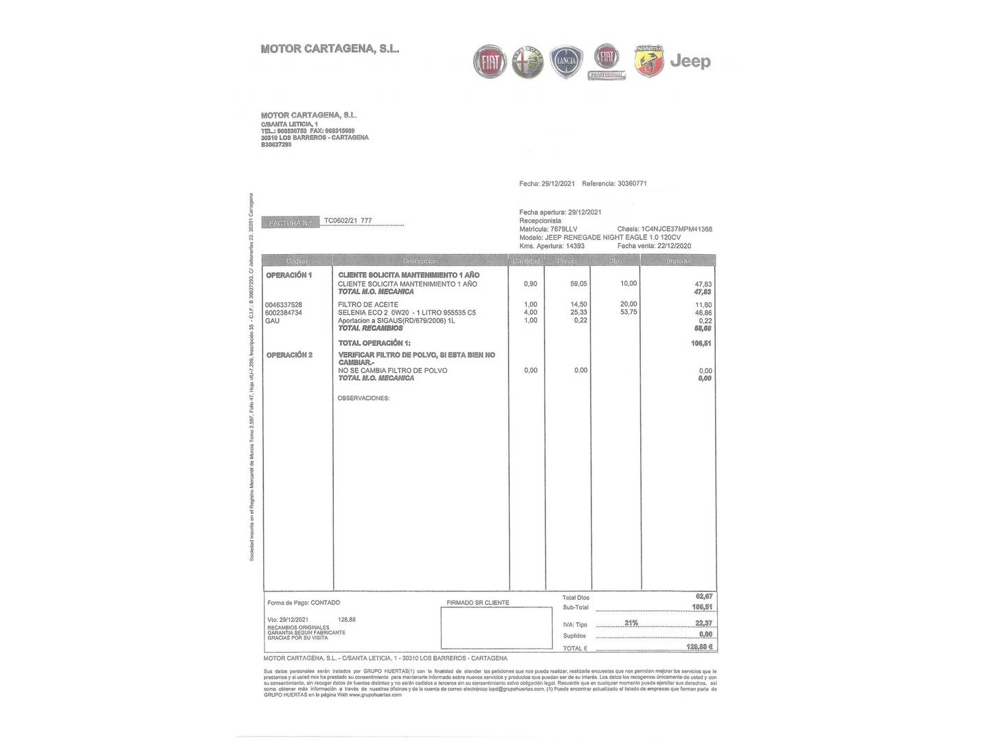Foto del mantenimiento del Jeep Renegade Jeep Renegade 1.0G Night Eagle II 4x2 (120 CV)