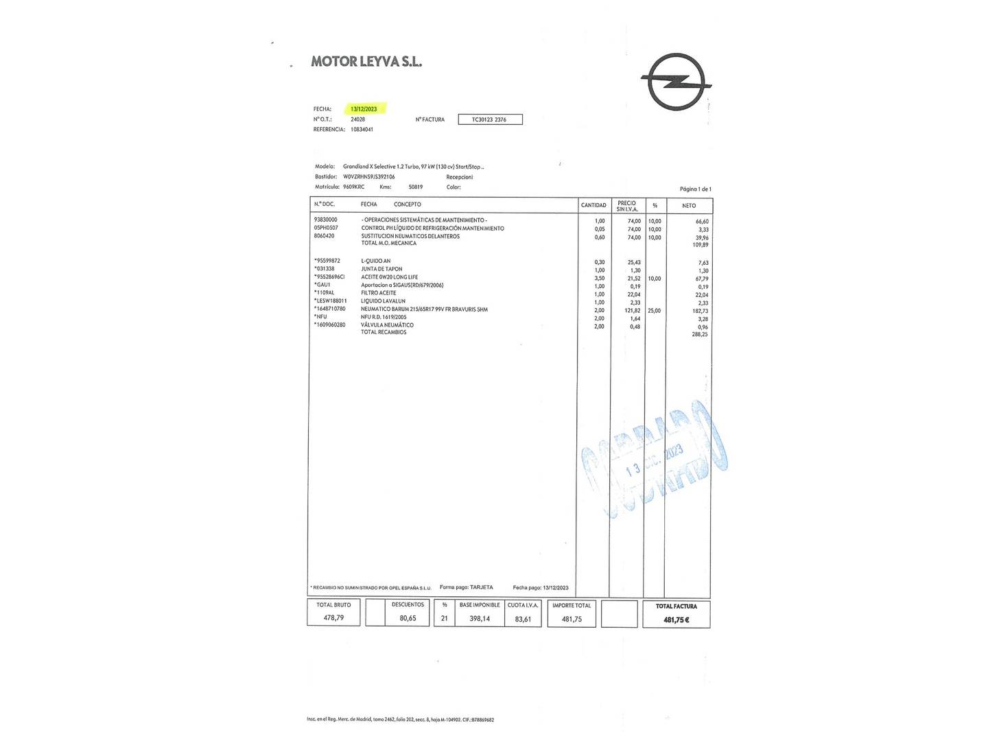 Foto del mantenimiento del Opel Grandland X Opel Grandland X 1.2 Turbo S&S Selective (130 CV)