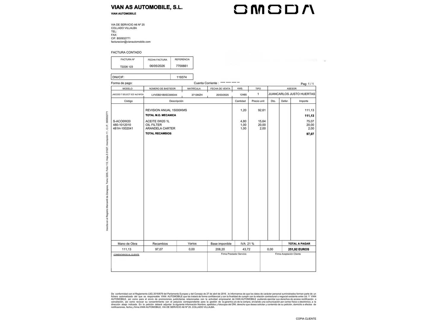 Foto del mantenimiento del JAECOO 7 JAECOO 7 1.6 TGDI Select FWD (145 CV)