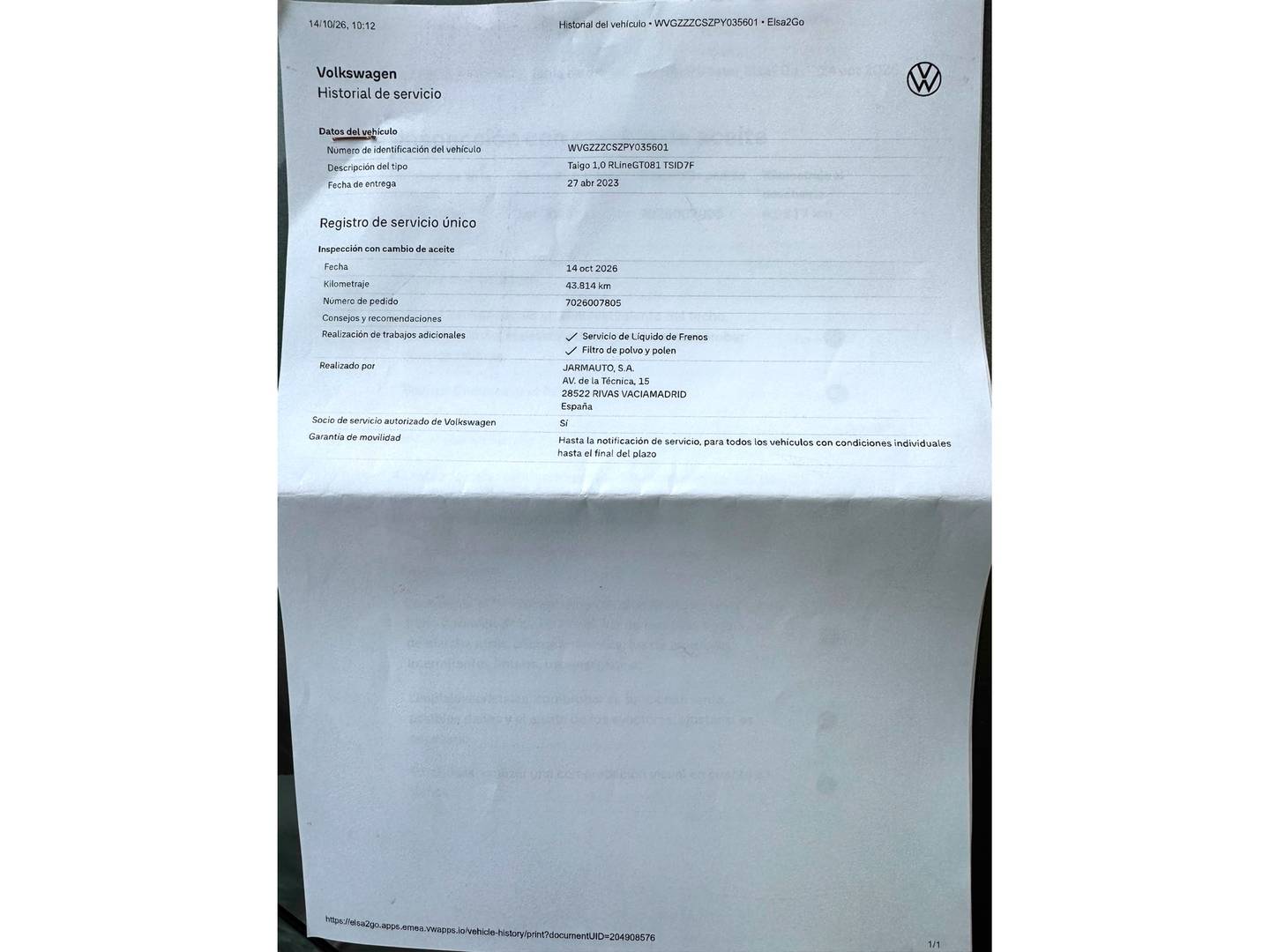 Foto del mantenimiento del Volkswagen Taigo Volkswagen Taigo R-Line 1.0 TSI (110 CV) DSG