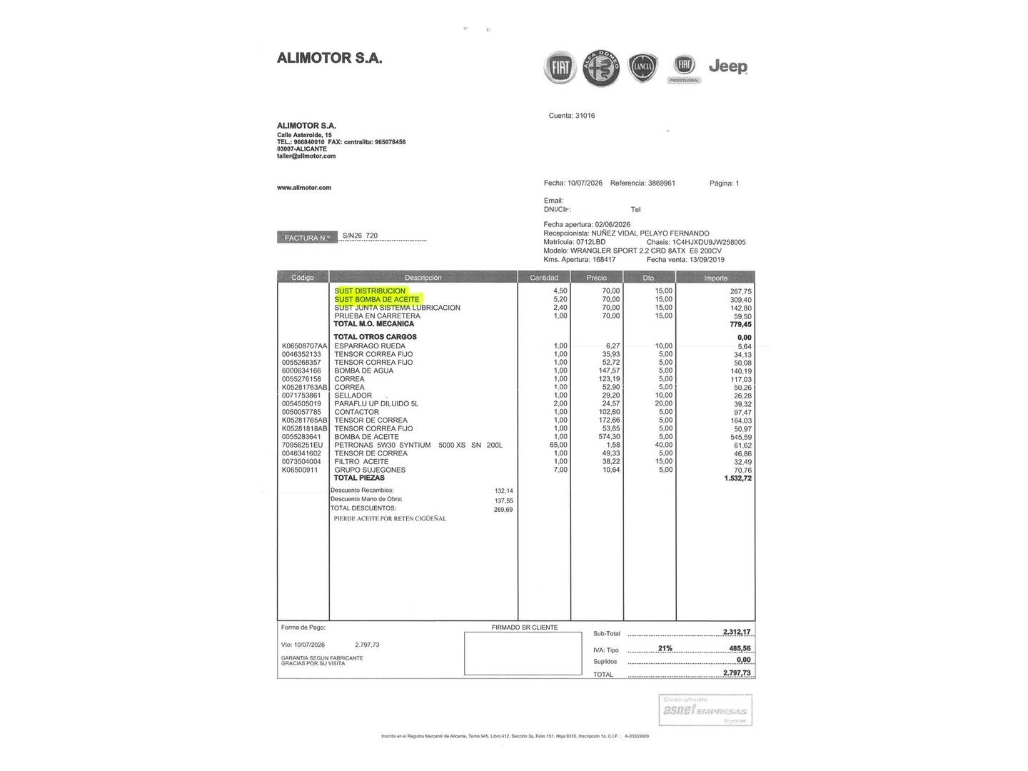 Foto del mantenimiento del Jeep Wrangler Jeep Wrangler 2.2 CRD Sport 8ATX (200 CV)