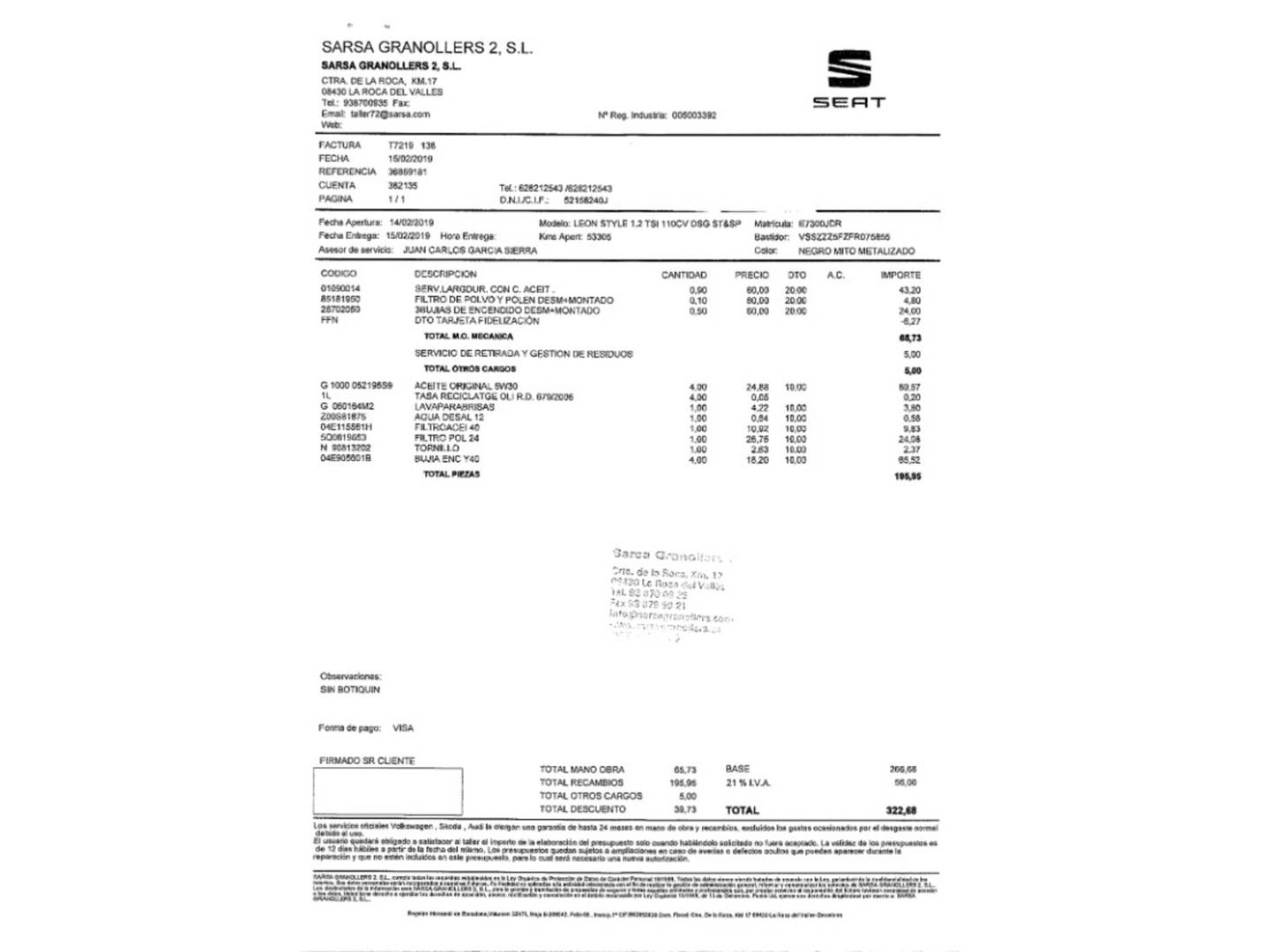 Foto del mantenimiento del Seat León Seat León 1.2 TSI S&S I-Tech DSG  (110 CV)